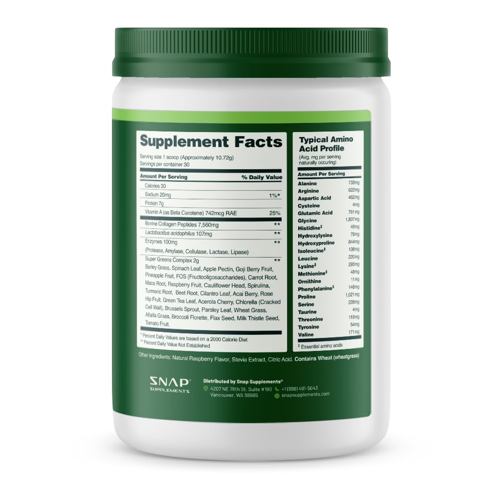 Envase de Snap Supplements Super Greens listo para la encimera.