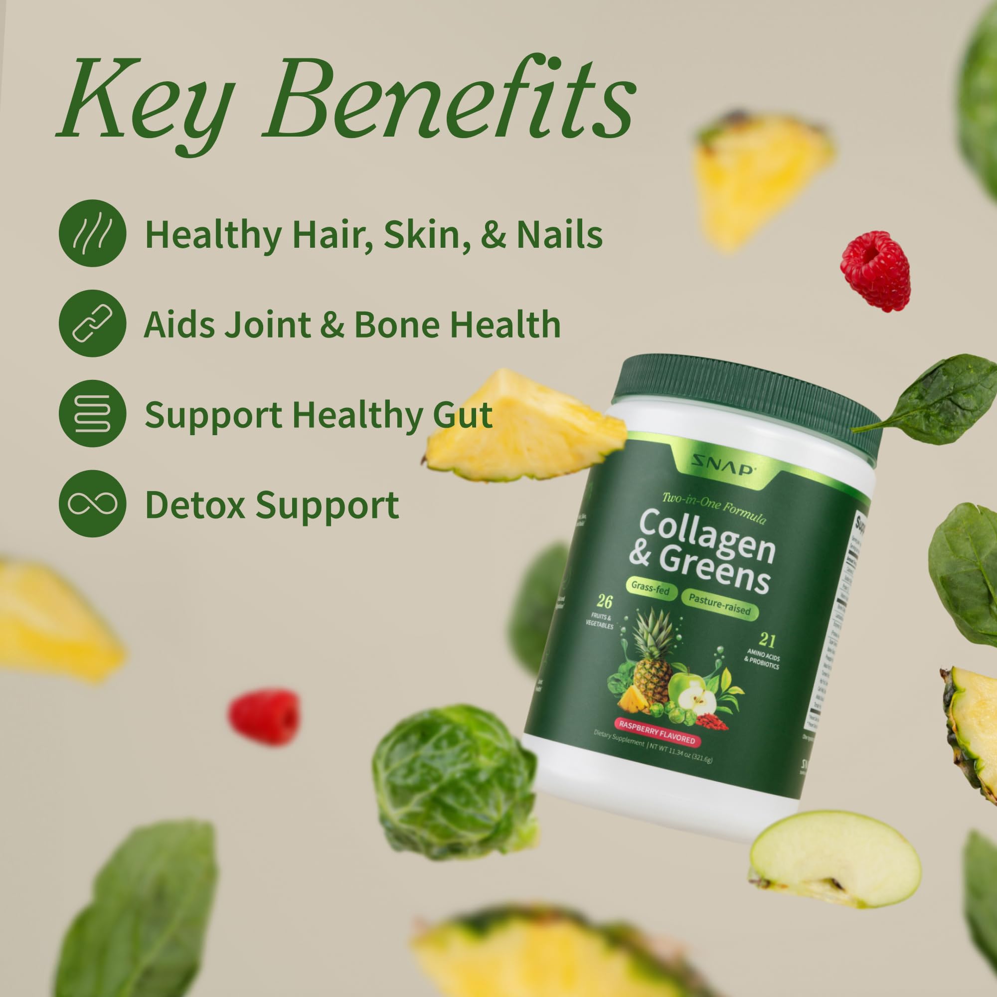 Polvo verde de Snap Supplements Super Greens con espirulina y vegetales.