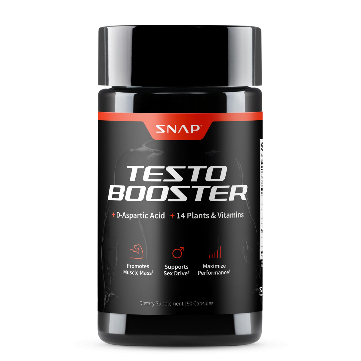 Snap Supplements Testo Booster frasco: apoyo natural para energía diaria.