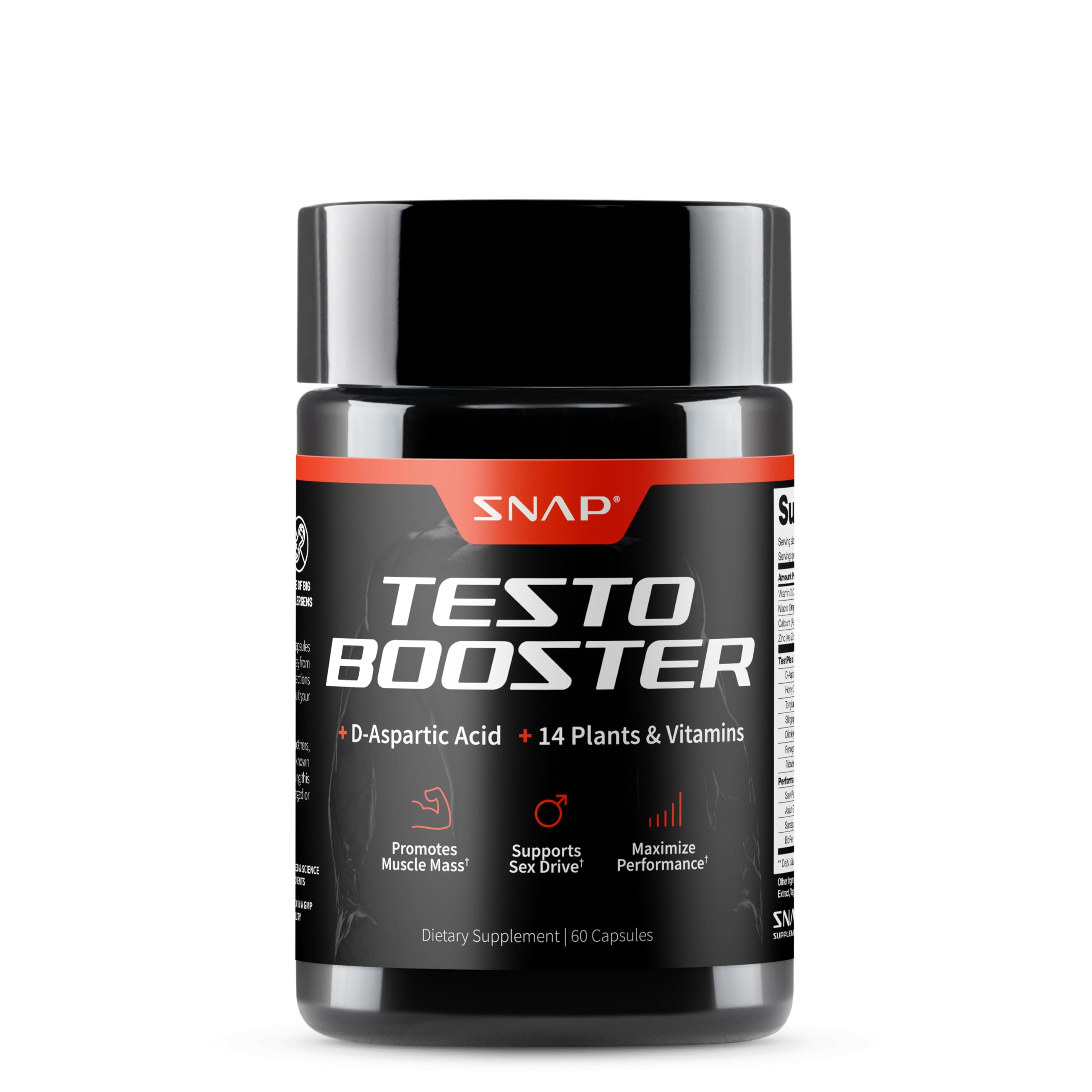 Snap Supplements Testosterona: botella en vertido, energía natural y foco diario.