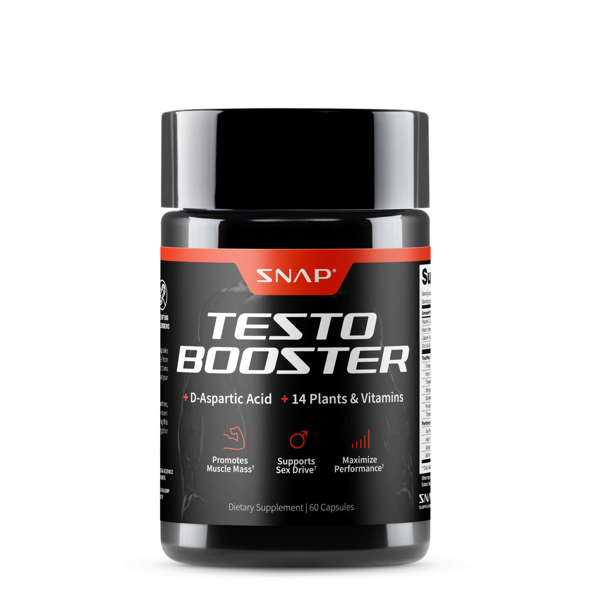 Snap Supplements Testosterona: botella en vertido, energía natural y foco diario.