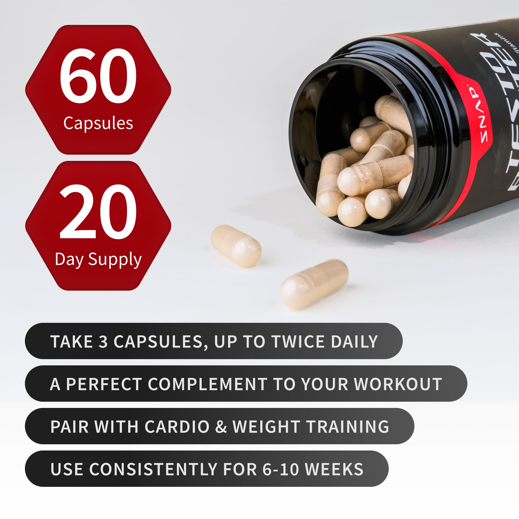 Manos sosteniendo cápsulas de Snap Supplements Testosterona, uso diario.