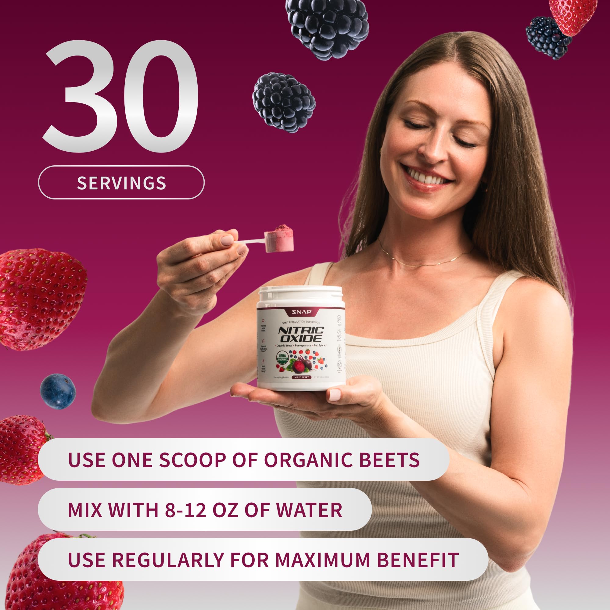 Snap Supplements: vaso con polvo orgánico listo para mezclar.
