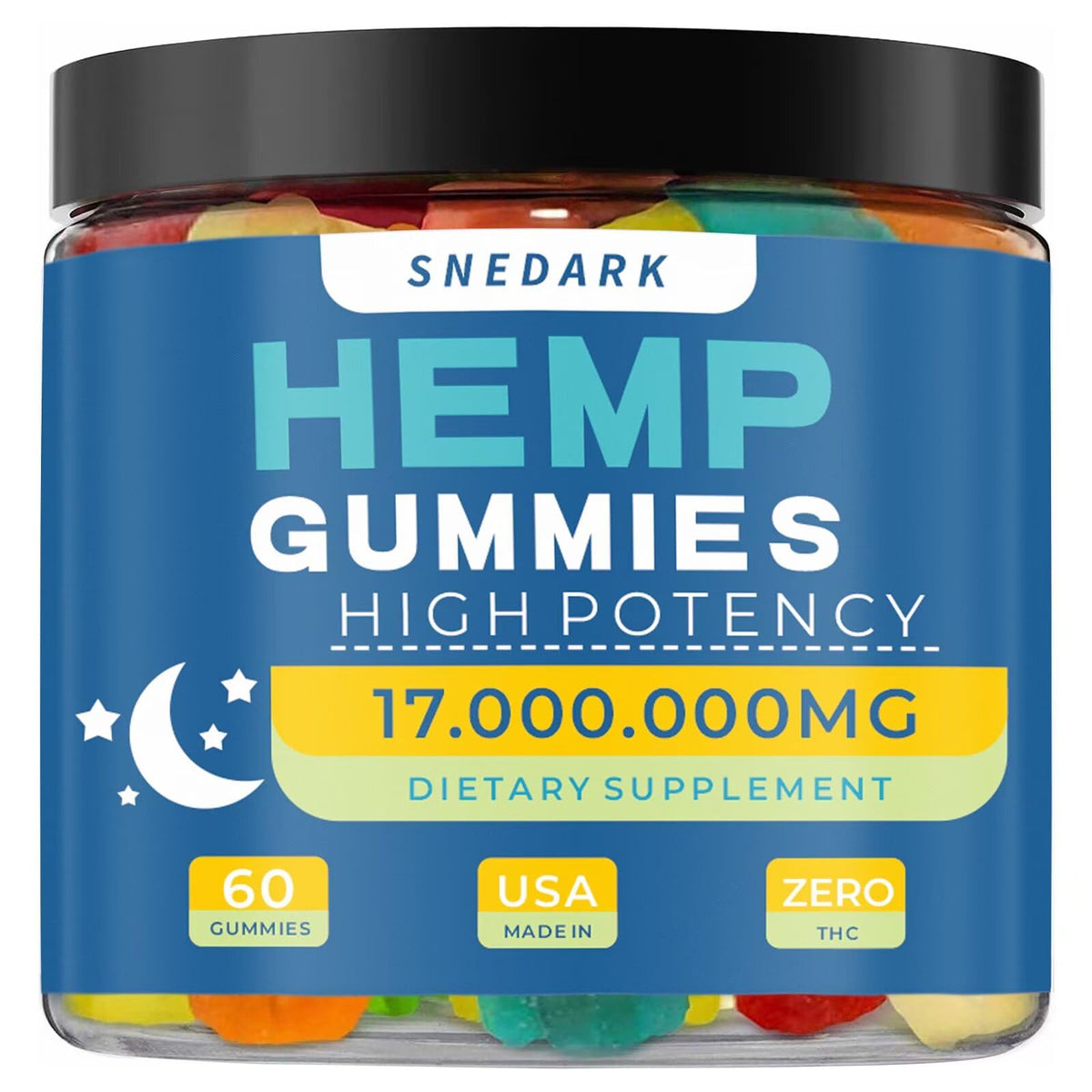 SNEDARK Hemp Gummies en botella, dosis fáciles para relajación diaria.