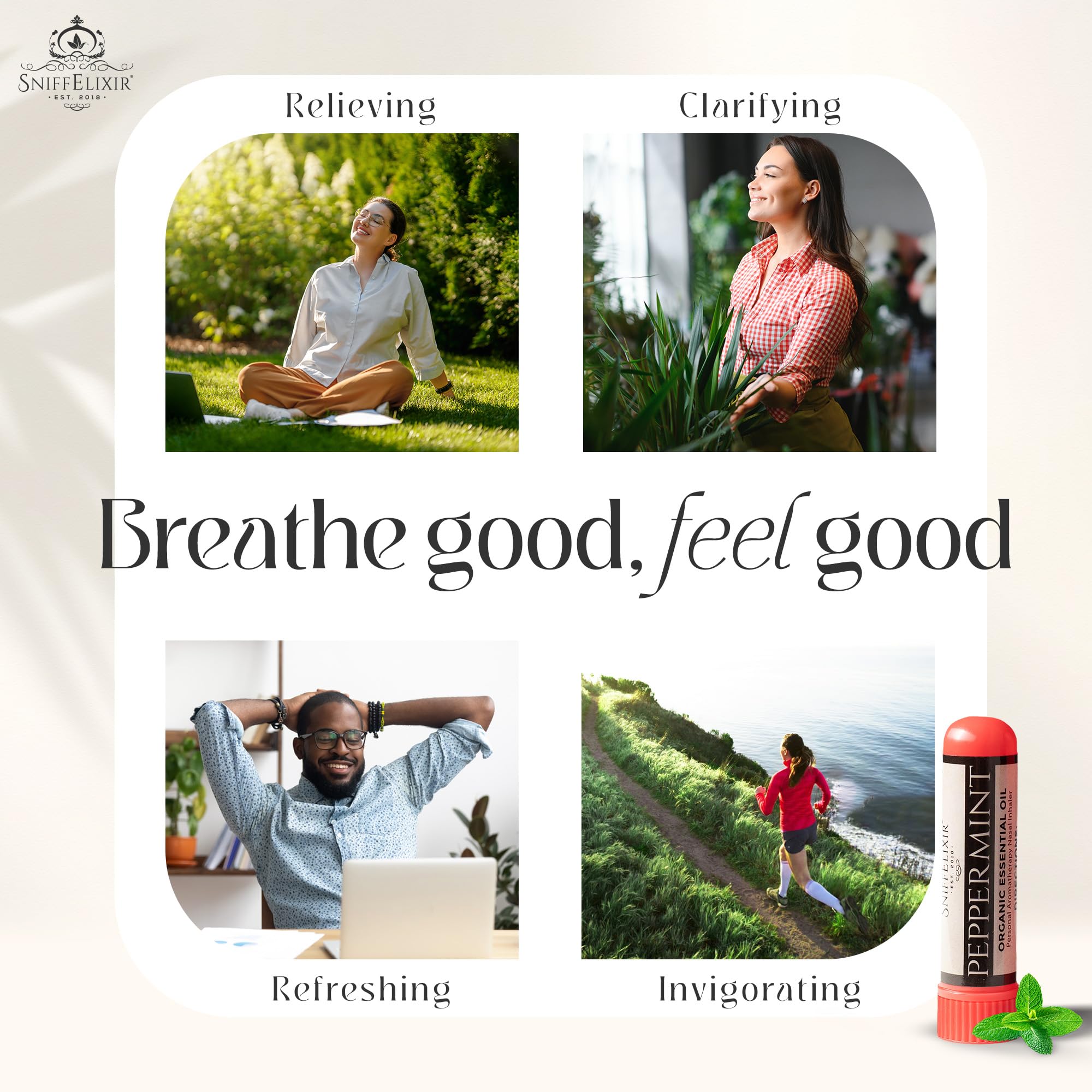 SniffElixir para viaje: inhalador nasal compacto para desplazamientos.
