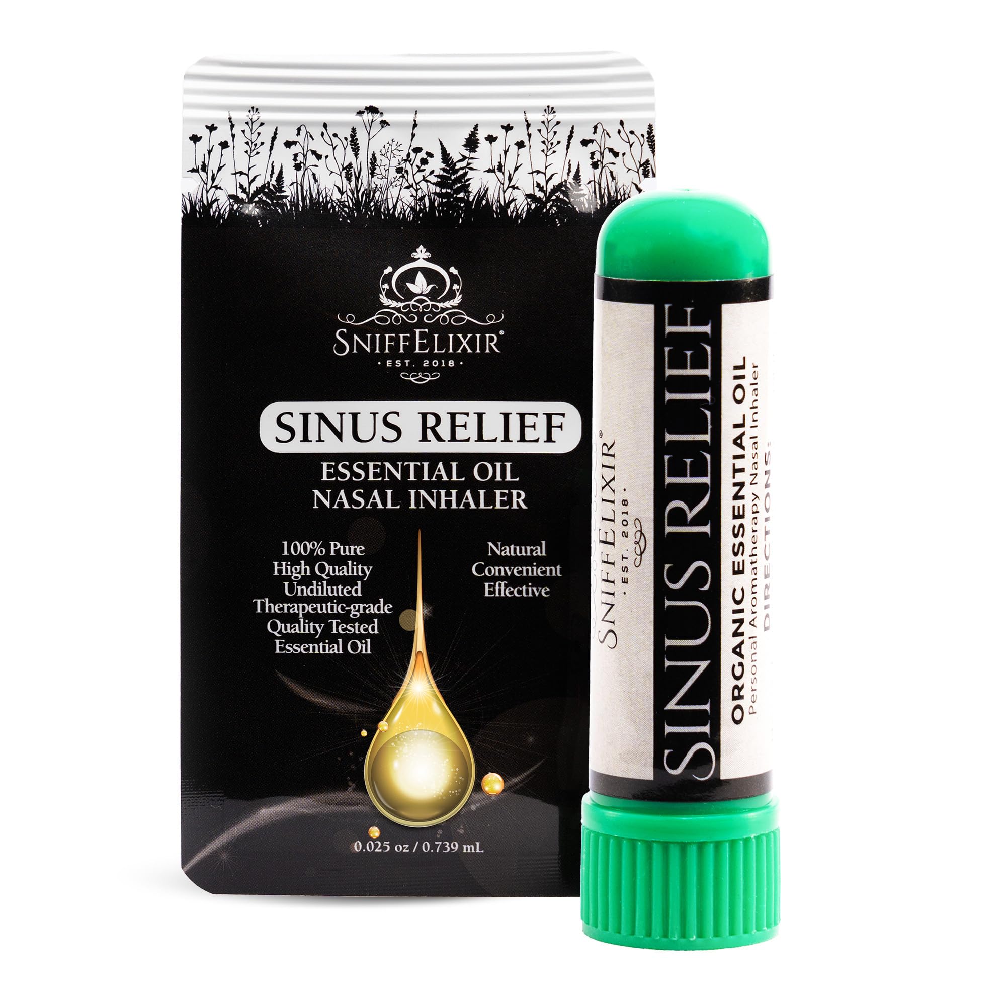 Inhalador SniffElixir con empaque compacto para uso diario.