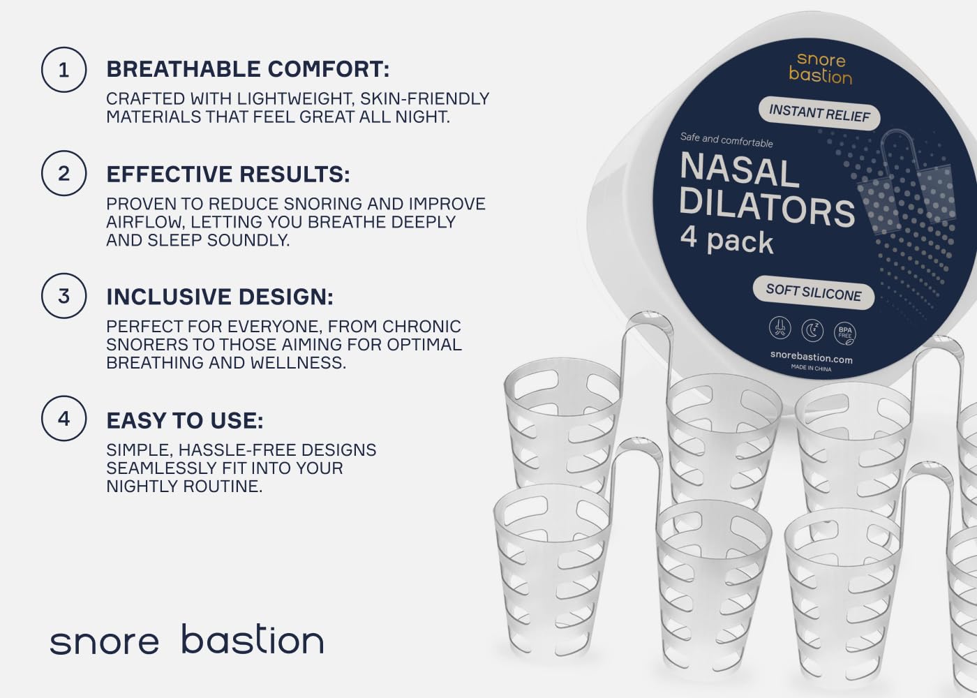 Snore Bastion dilatadores nasales grandes: silicona médica suave para uso cómodo.