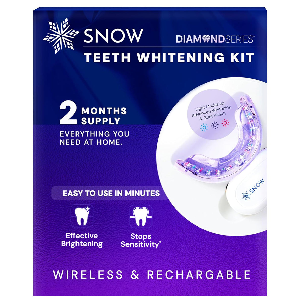 Snow kit blanqueamiento dental con luz LED para uso en casa, con resultados visibles.