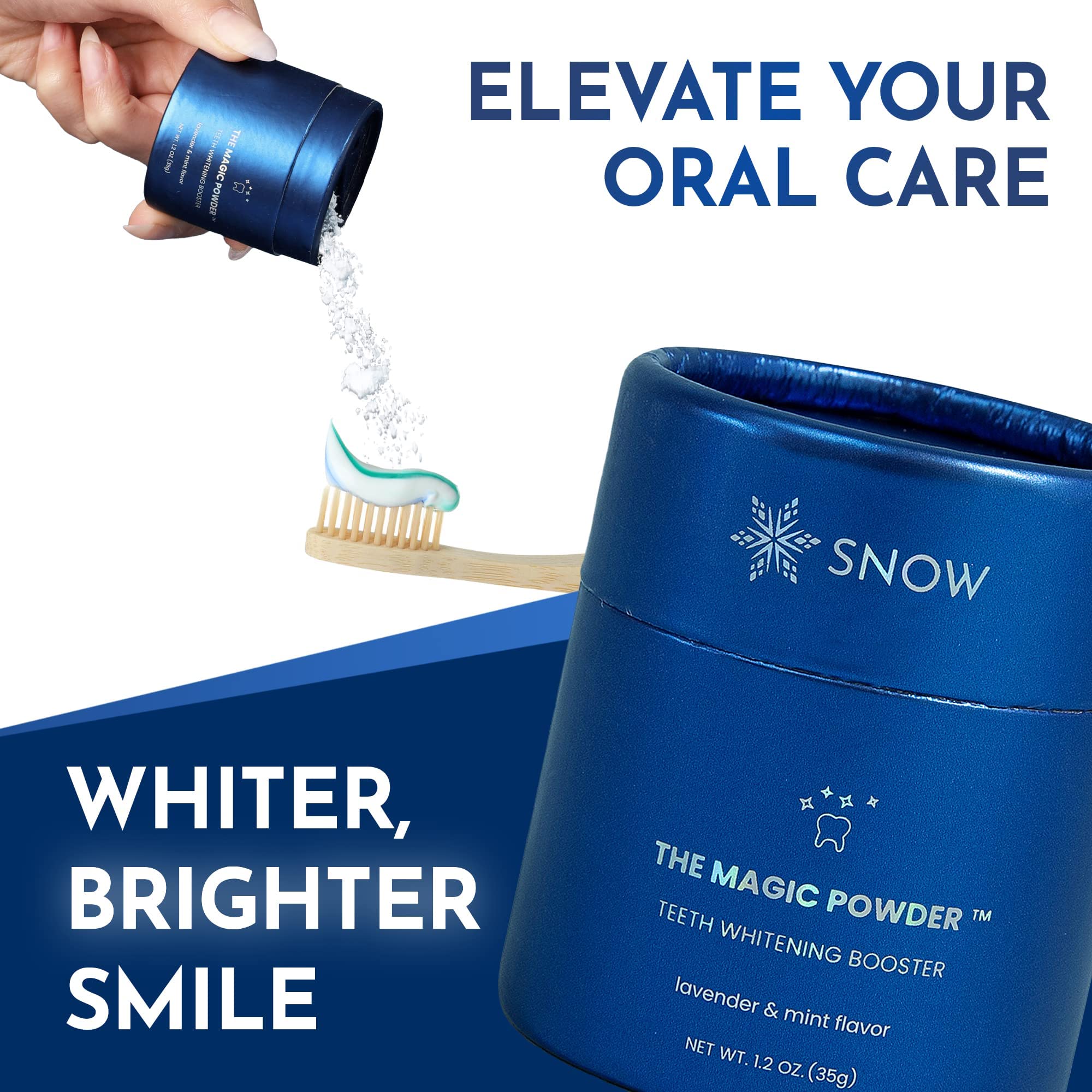 Snow Magic cepillado diario con polvo, diseño práctico para viajes.