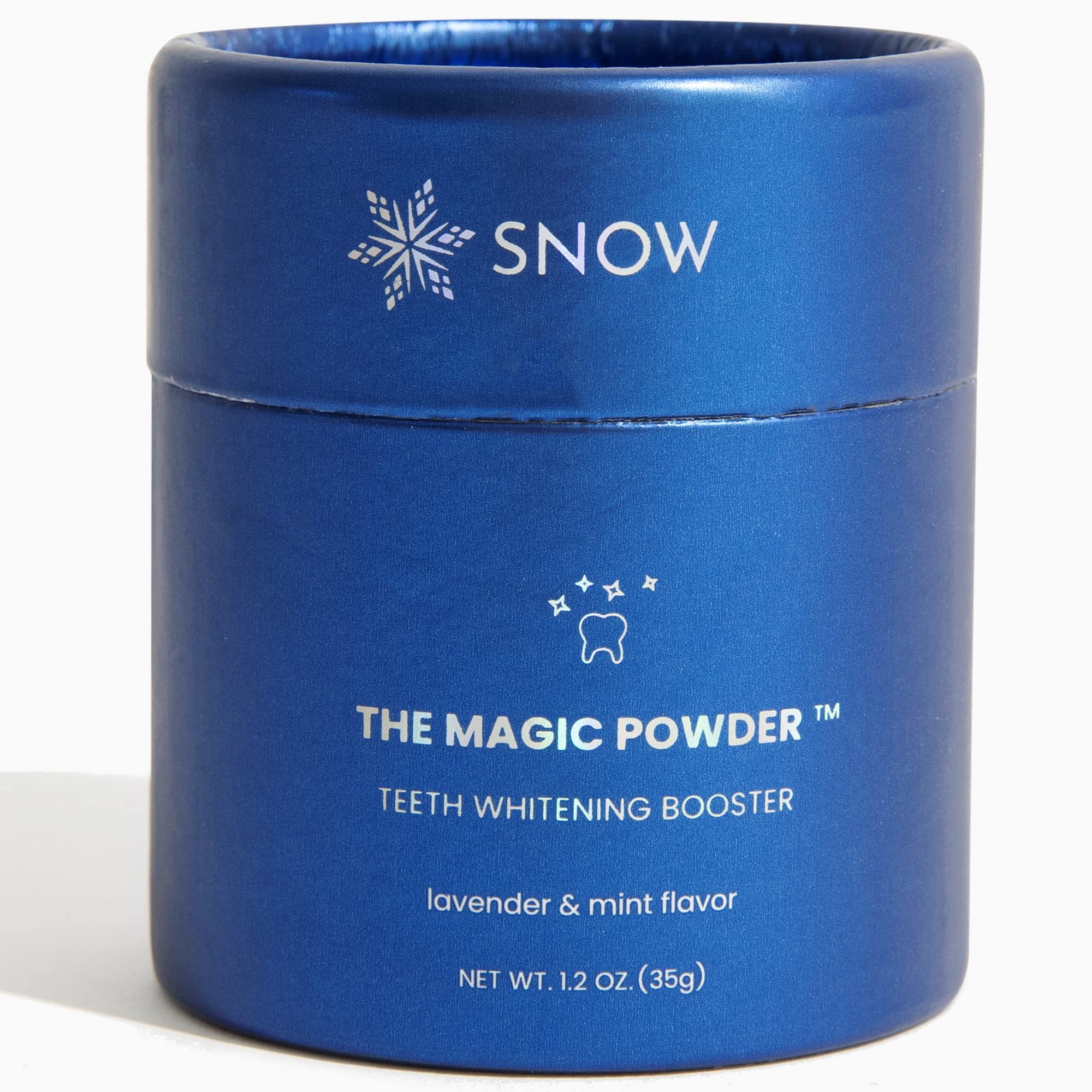 Snow Magic polvos blanqueadores en envase lavanda menta para limpieza diaria.