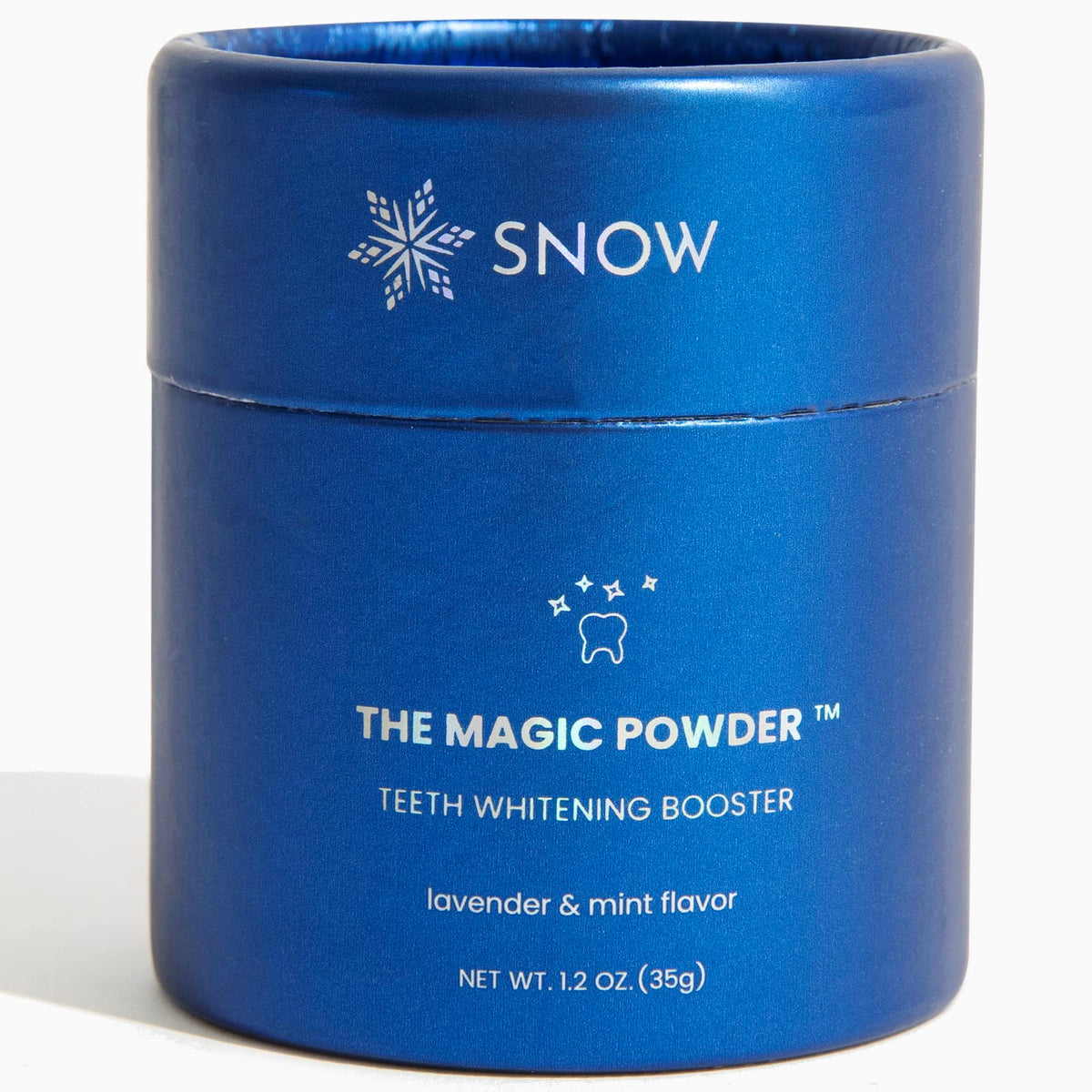 Snow Magic polvos blanqueadores en envase lavanda menta para limpieza diaria.