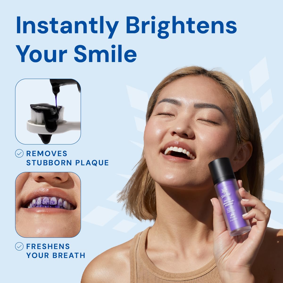 SNOW Teeth Brightening Purple Serum ofrece brillo suave y seguro para cuidado dental diario.
