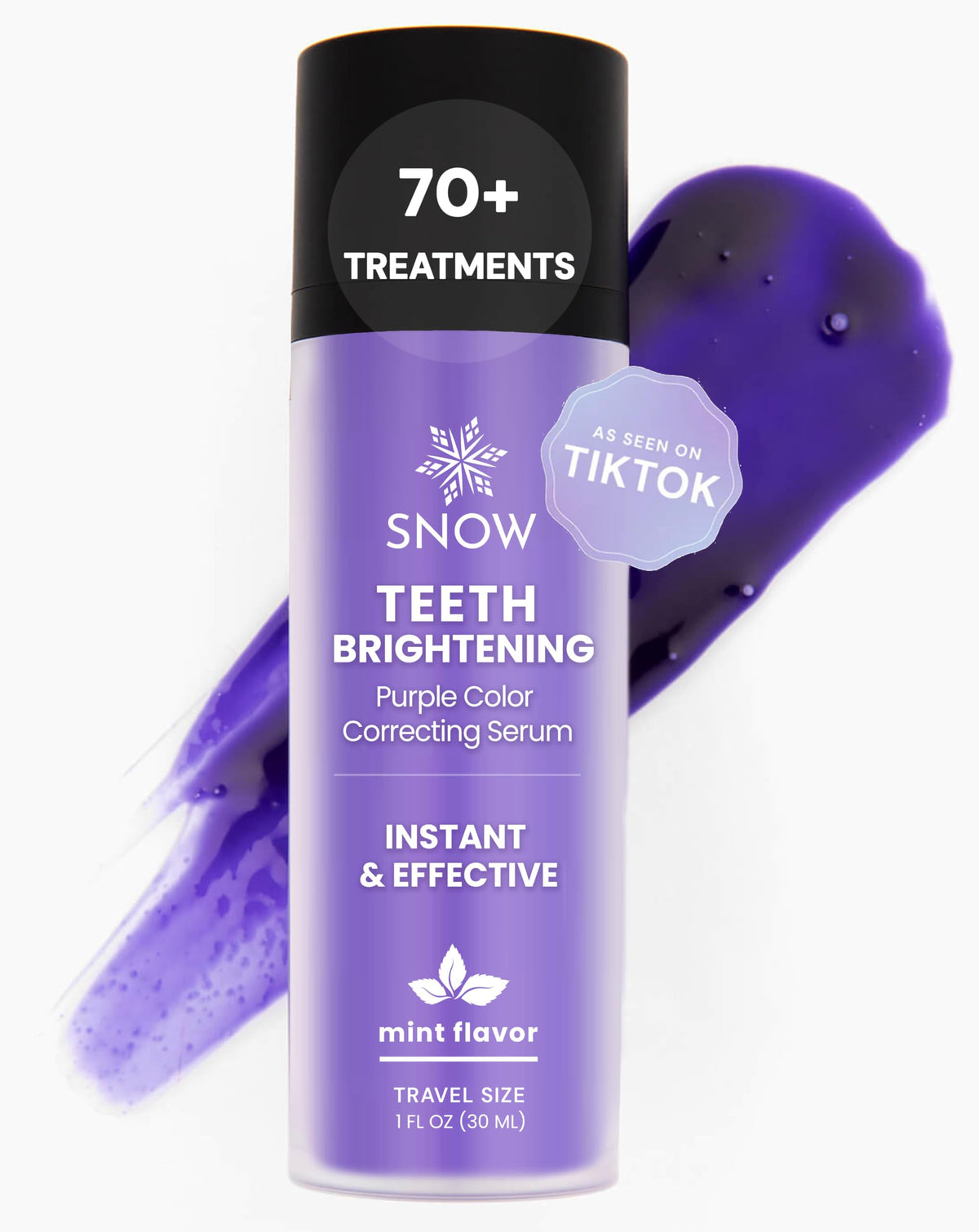 SNOW Teeth Brightening Purple Serum en el tubo ofrece blanqueamiento instantáneo para una sonrisa más brillante.