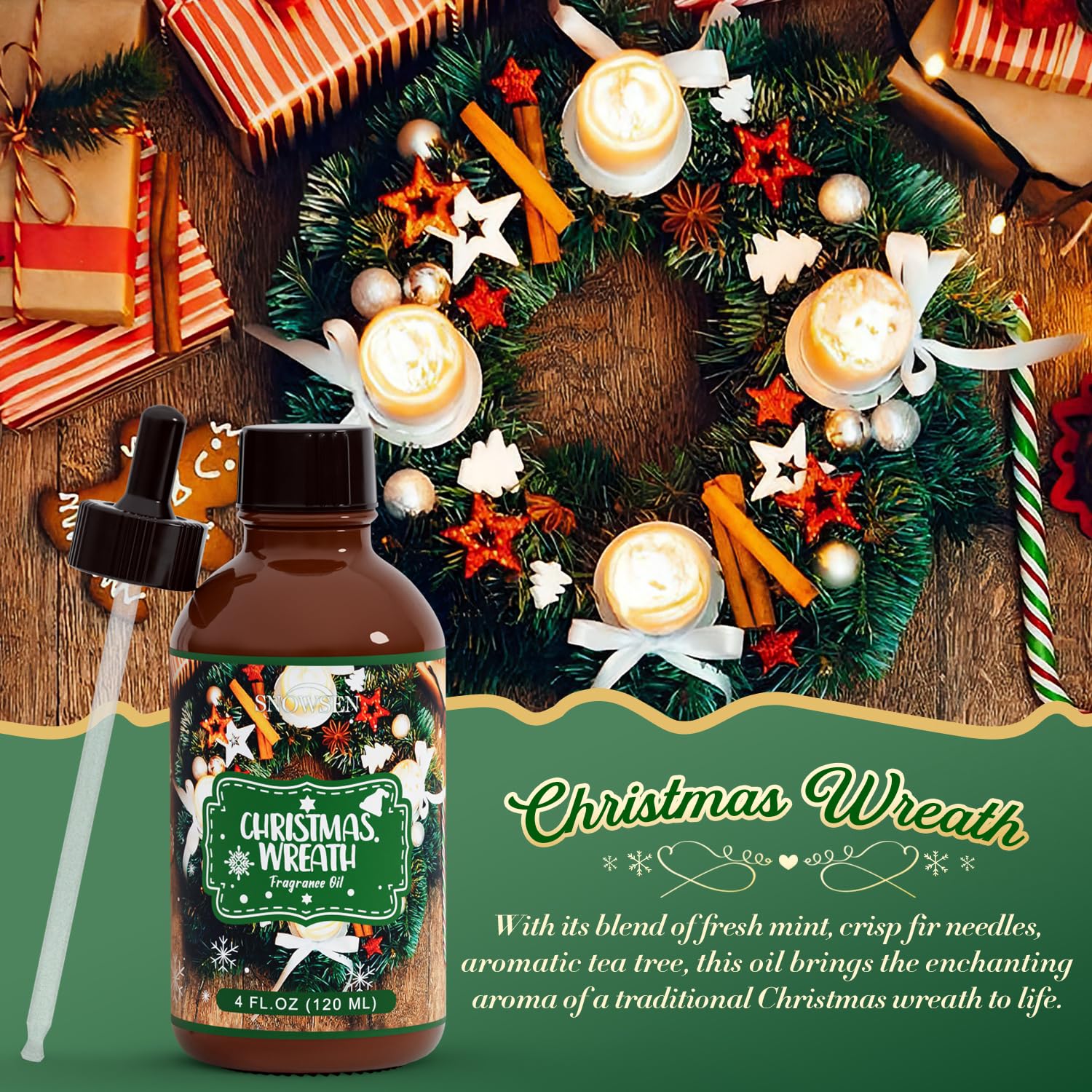 SNOWSEN Corona Navideña, envase vidrio ámbar para conservar aroma