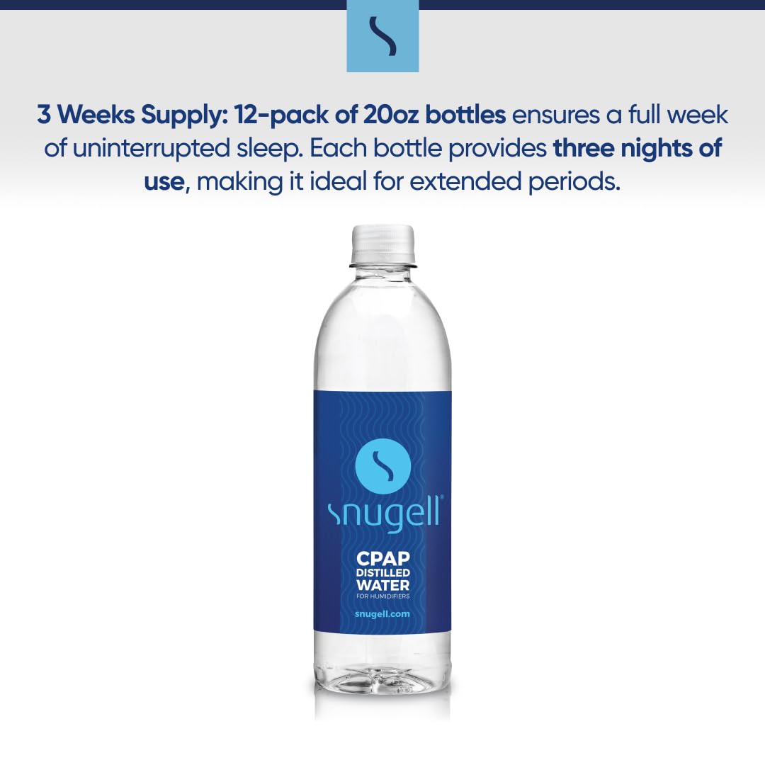 Snugell agua destilada para CPAP, botella de 20 oz sobre estuche compacto para casa.