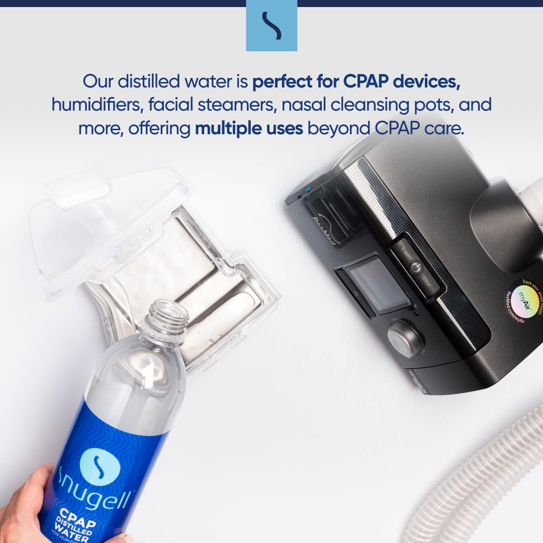 Snugell agua destilada para CPAP, botella de 20 oz sin bisfenol A, segura para dispositivos.