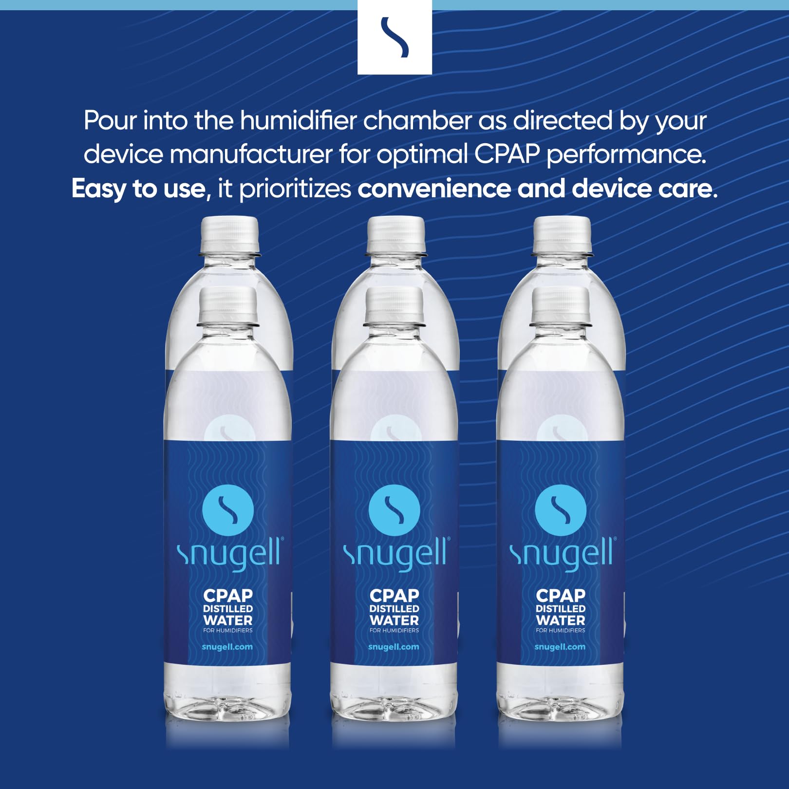 Paquete de Snugell con 6 botellas de agua destilada para CPAP, ideal para viajar.