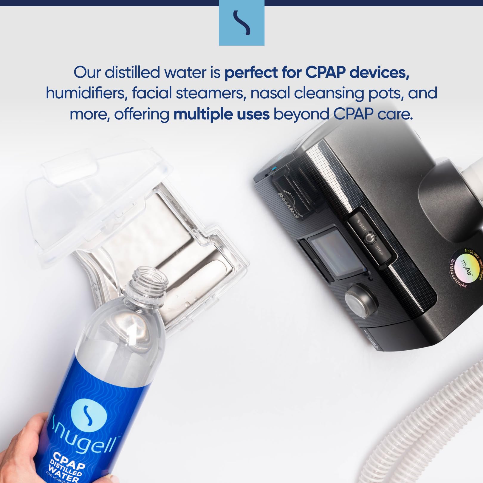 CPAP humidificador con agua destilada Snugell, mejora la simplicidad de uso y cuidado.