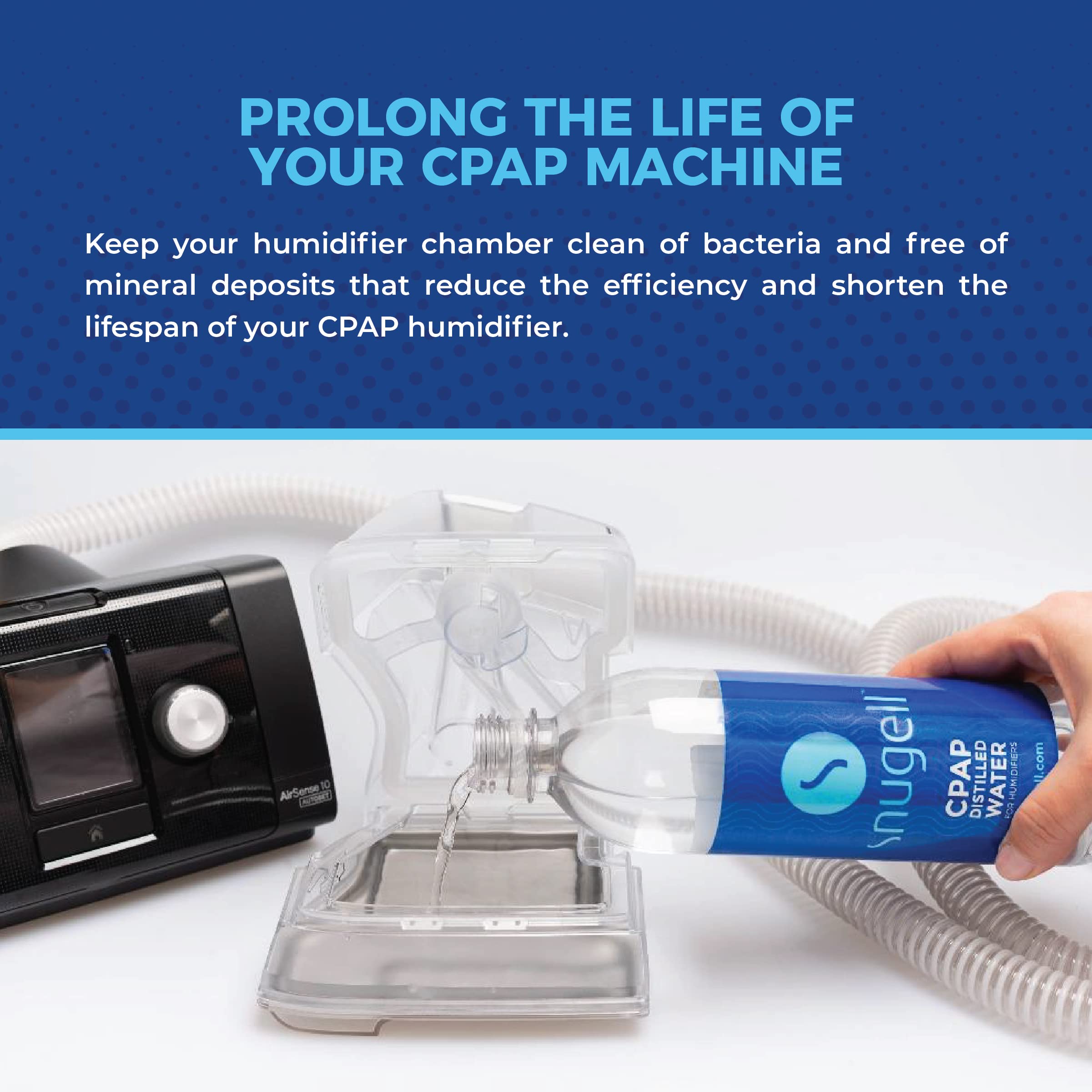 Hecho en EE.UU.: agua destilada Snugell para CPAP con control de calidad.