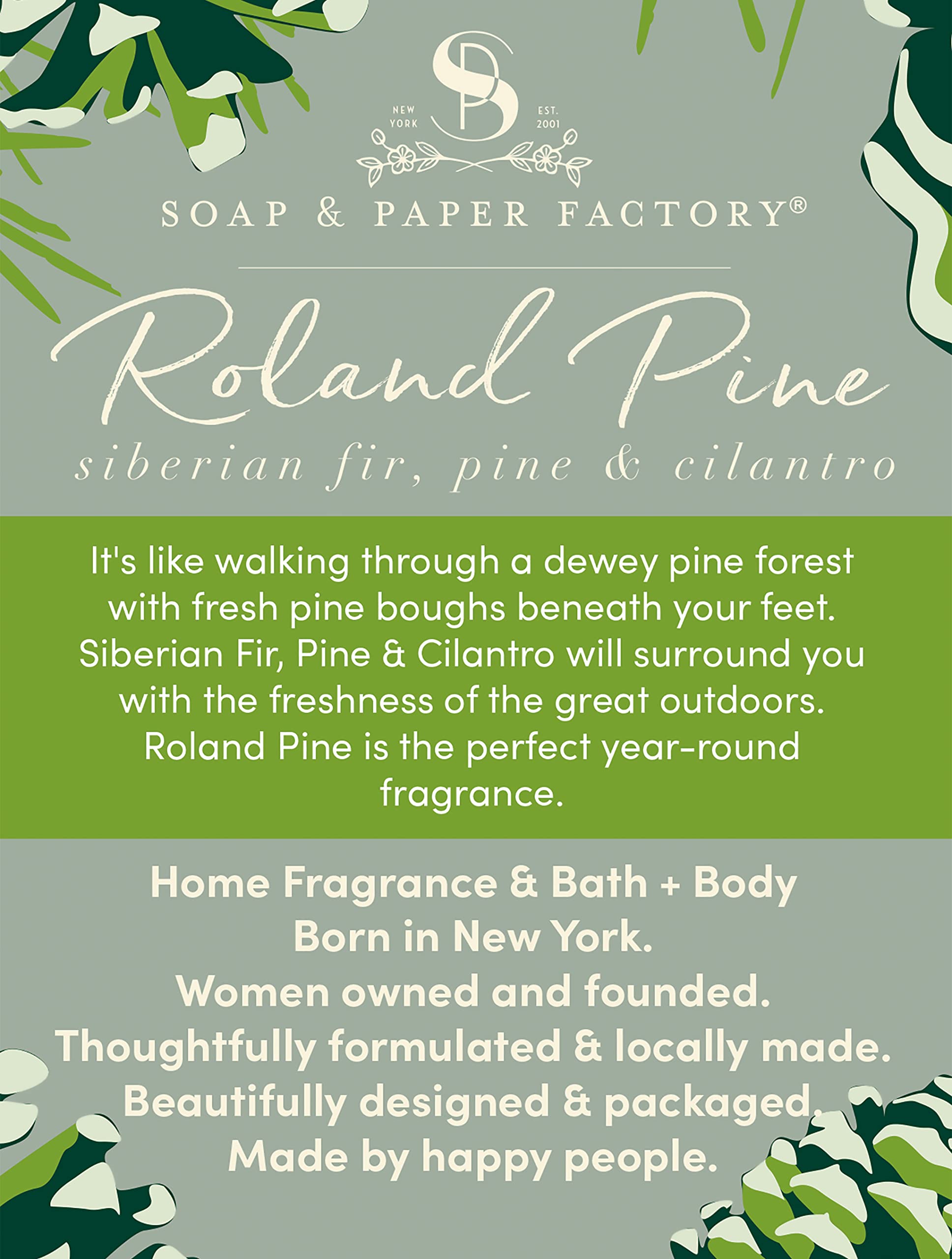Soap & Paper Factory Roland Pine tapa negra destaca en el estante del hogar.