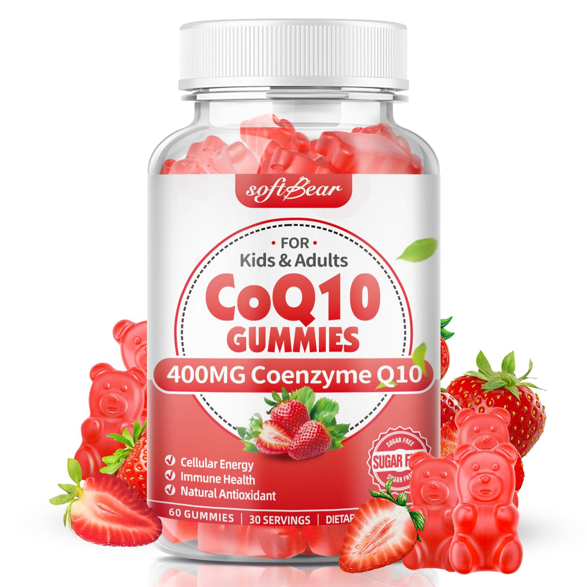 Softbear CoQ10 Gominolas 400 mg, sabor a fresa, apoyo a energía diaria.