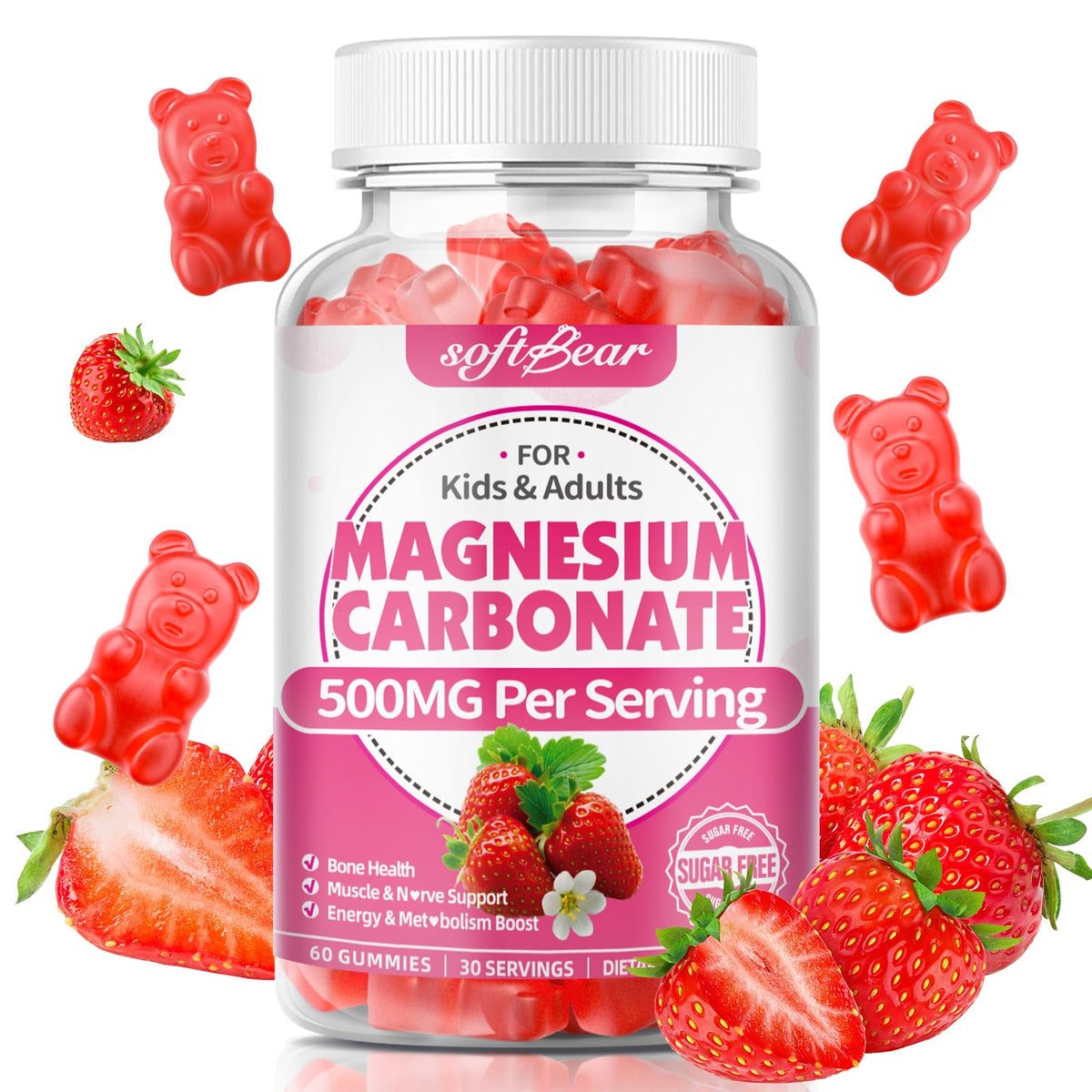Softbear gominolas de magnesio 500 mg, frente de la caja, opción sin azúcar para toda la familia.