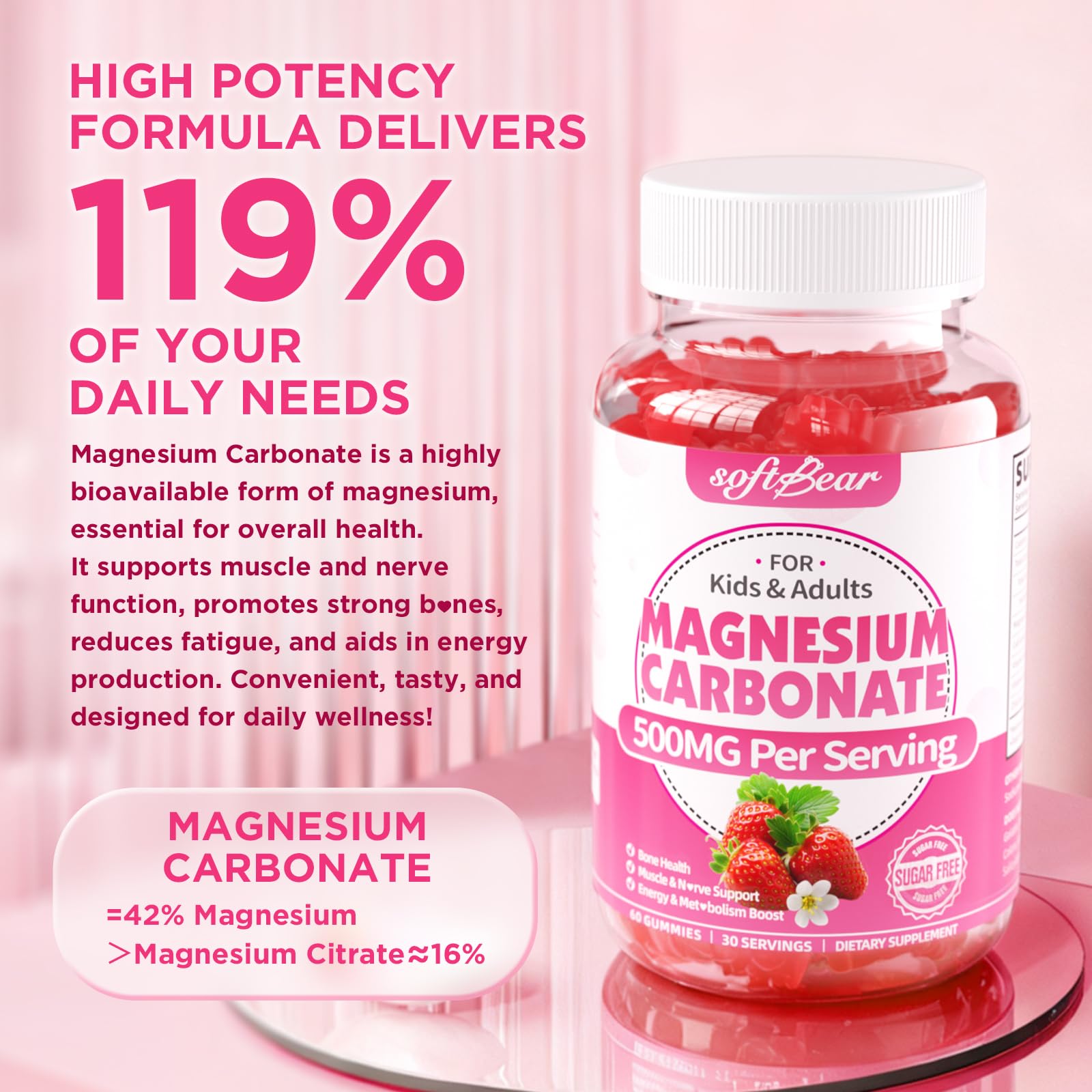Softbear gominolas de magnesio 500 mg, sabor fresa, experiencia agradable sin azúcar.