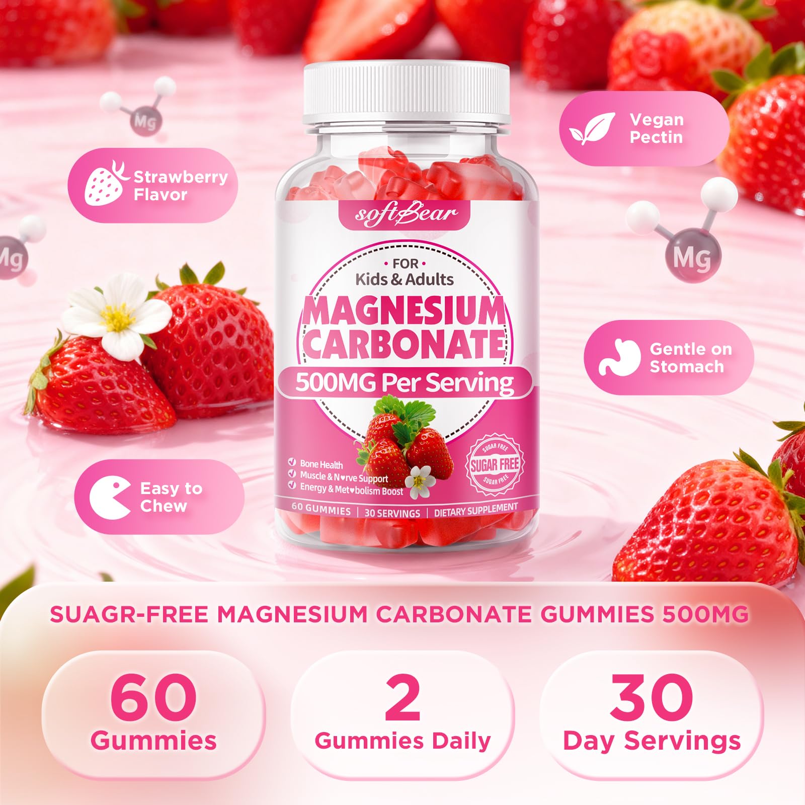 Softbear gominolas de magnesio 500 mg, etiqueta sin azúcar, opción vegana.