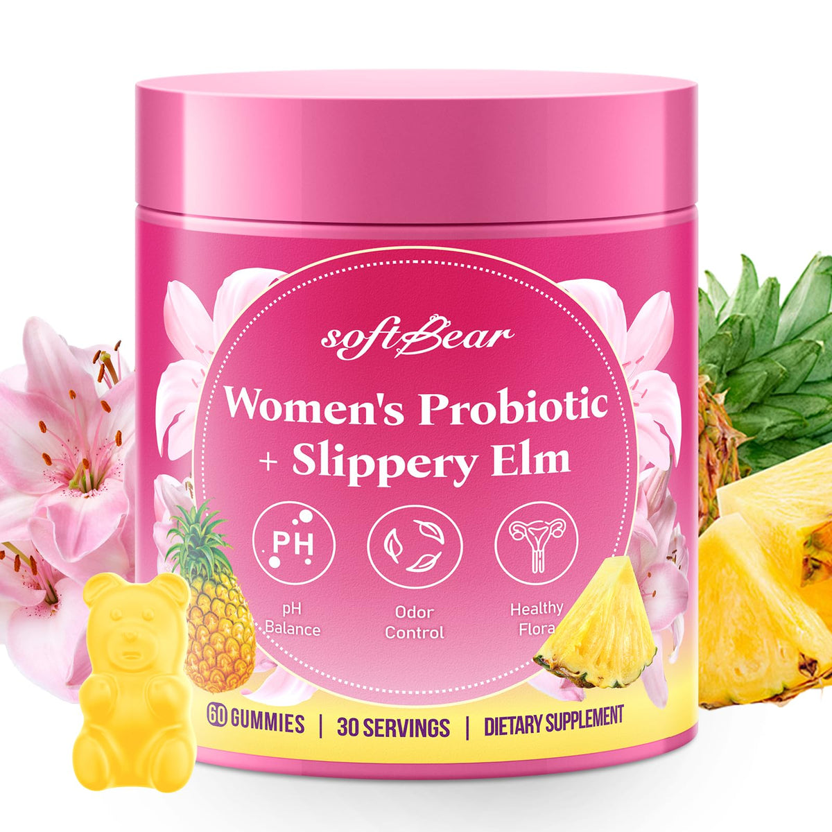 Softbear gomitas probióticas con elm resbaladizo para equilibrio femenino y flora