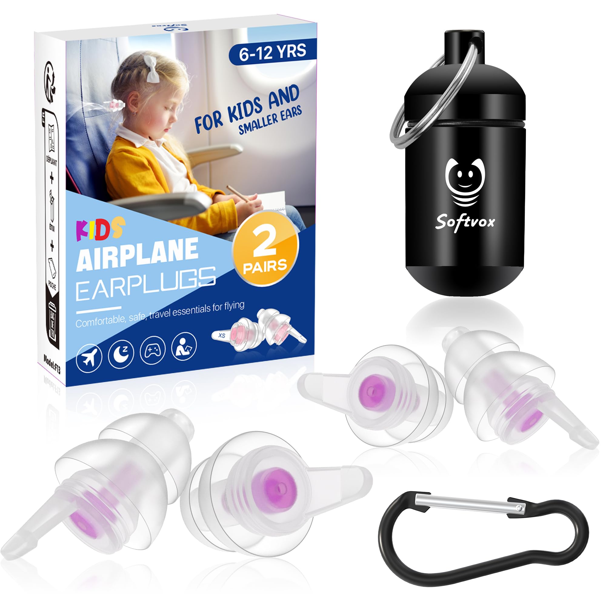 Softvox Tapones Auditivos para Niños en caja de aluminio, protección portátil para viajes.