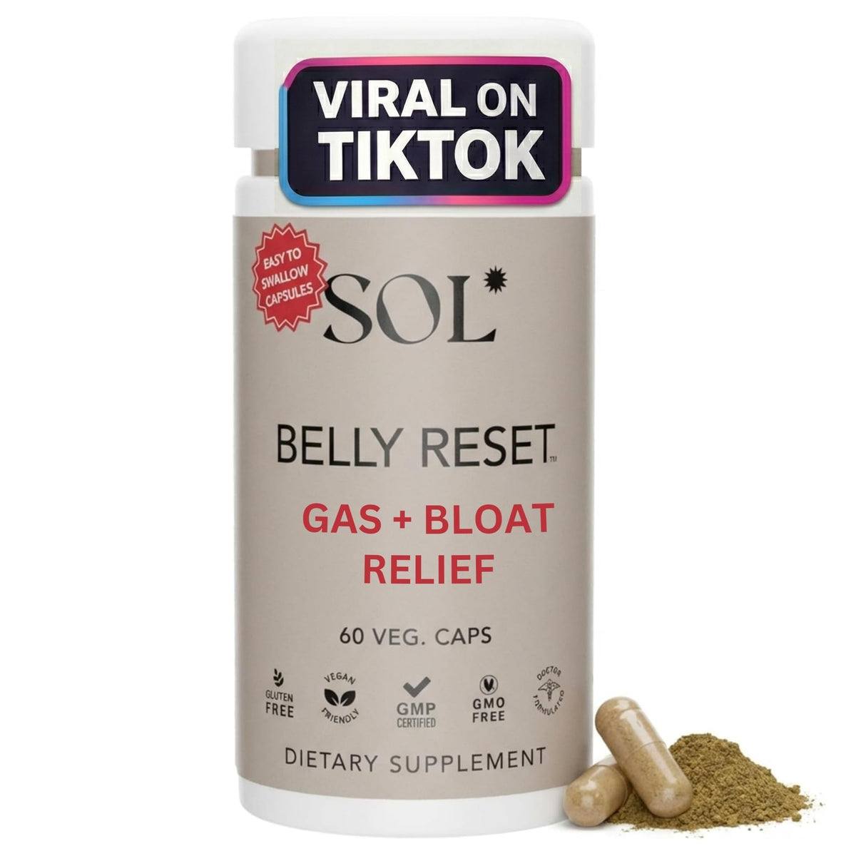 Sol Nutrition Complete Belly Reset cápsulas en primer plano para soporte digestivo.