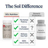 Ingredientes herbales naturales de Sol Nutrition Complete Belly Reset visibles en la etiqueta.