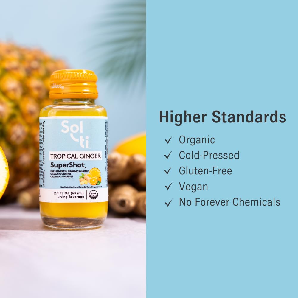 Sol-ti Jengibre Tropical, etiqueta orgánica que resalta ingredientes sostenibles.
