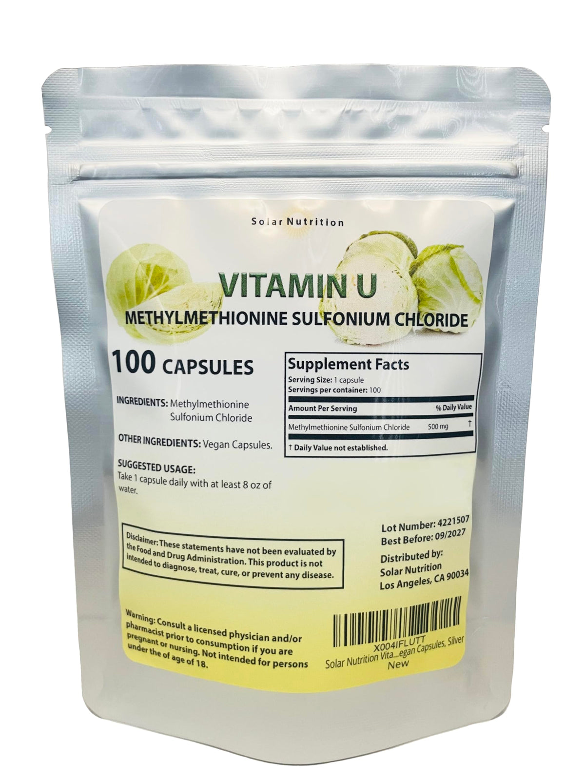Solar Nutrition Vitamin U, botella con cápsulas veganas para apoyar el bienestar diario.