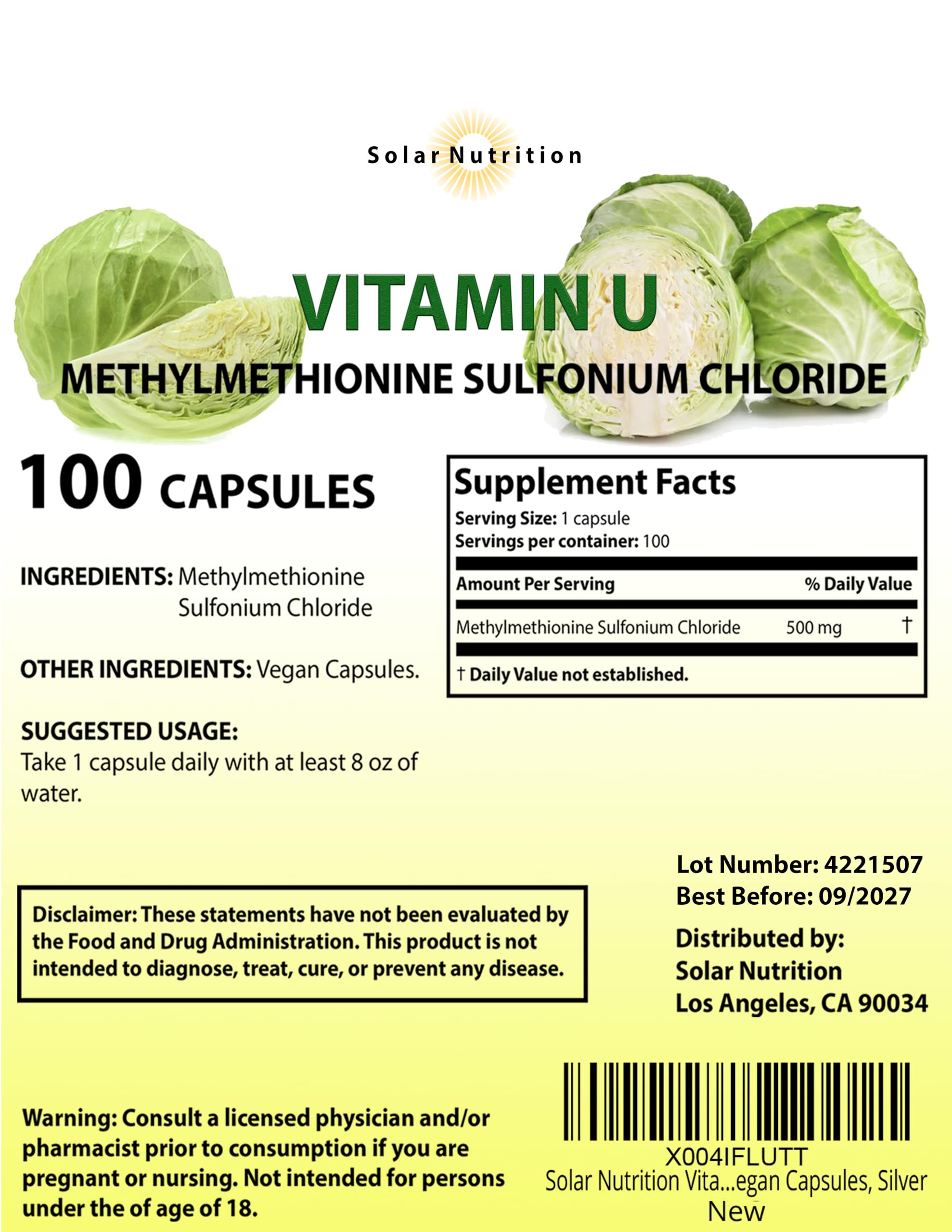Solar Nutrition Vitamin U, cápsulas veganas para un aporte diario práctico.