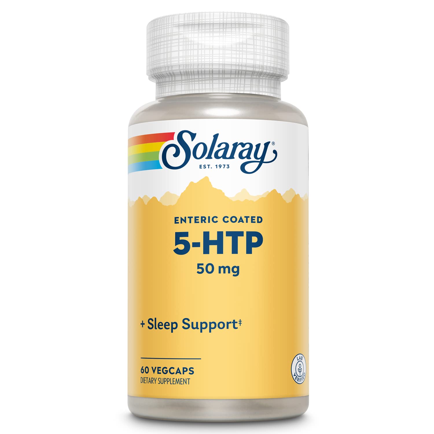 SOLARAY 5-HTP envase 50 mg, apoyo potencial para el bienestar emocional y la rutina diaria.