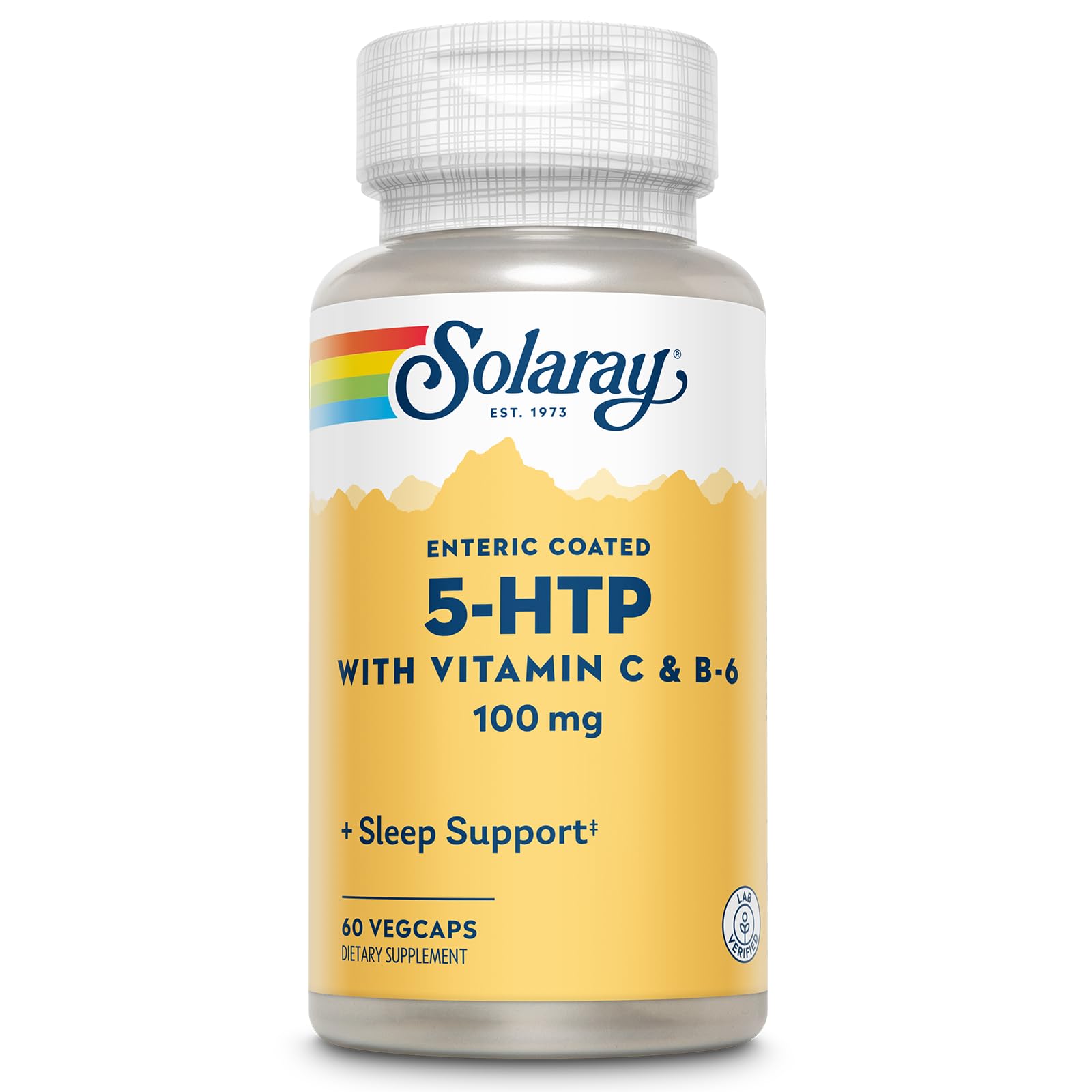SOLARAY 5-HTP botella frontal mostrando la dosis para apoyo al sueño