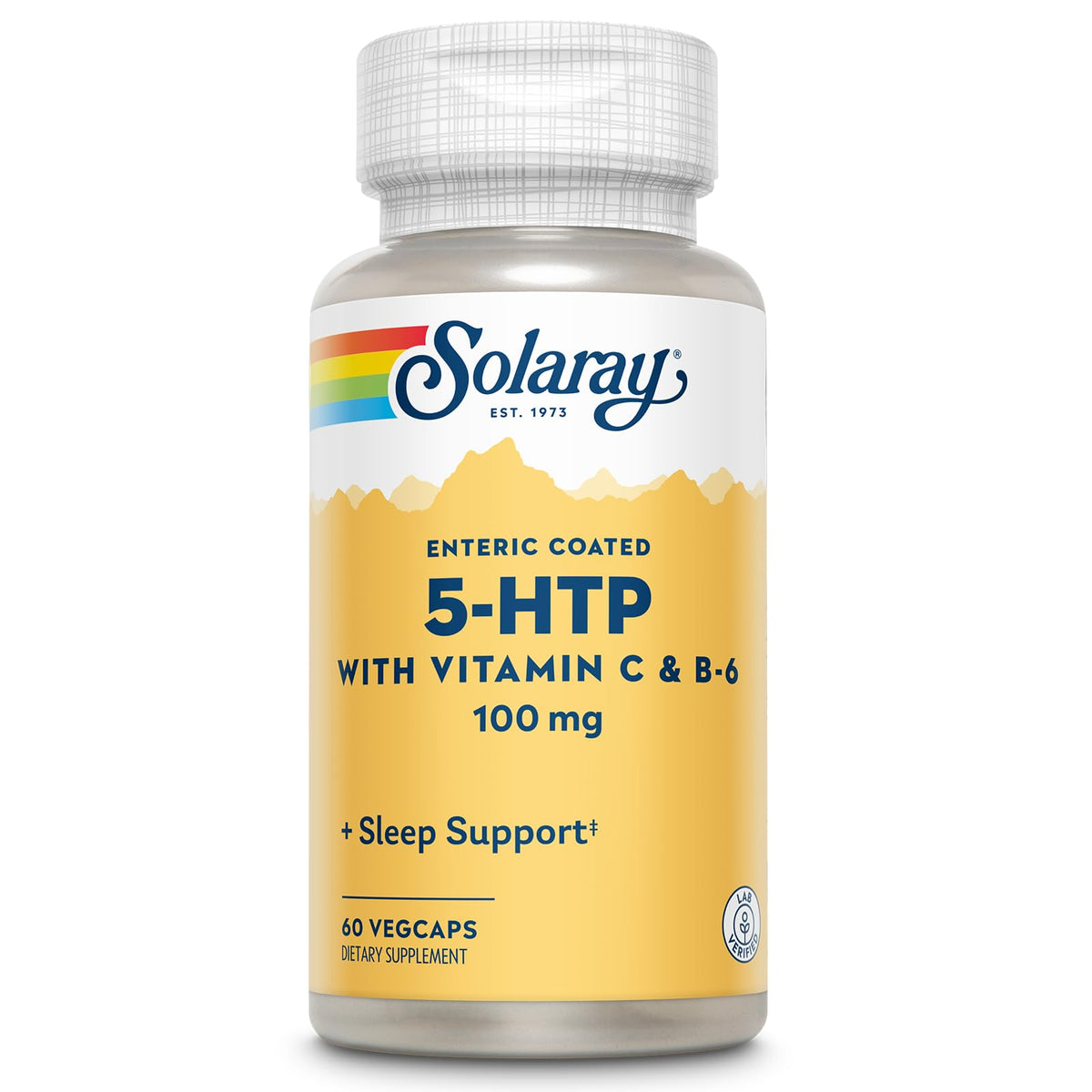 SOLARAY 5-HTP botella frontal mostrando la dosis para apoyo al sueño