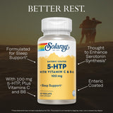 SOLARAY 5-HTP con vitamina C y B6, etiqueta que resalta el aporte nutricional nocturno