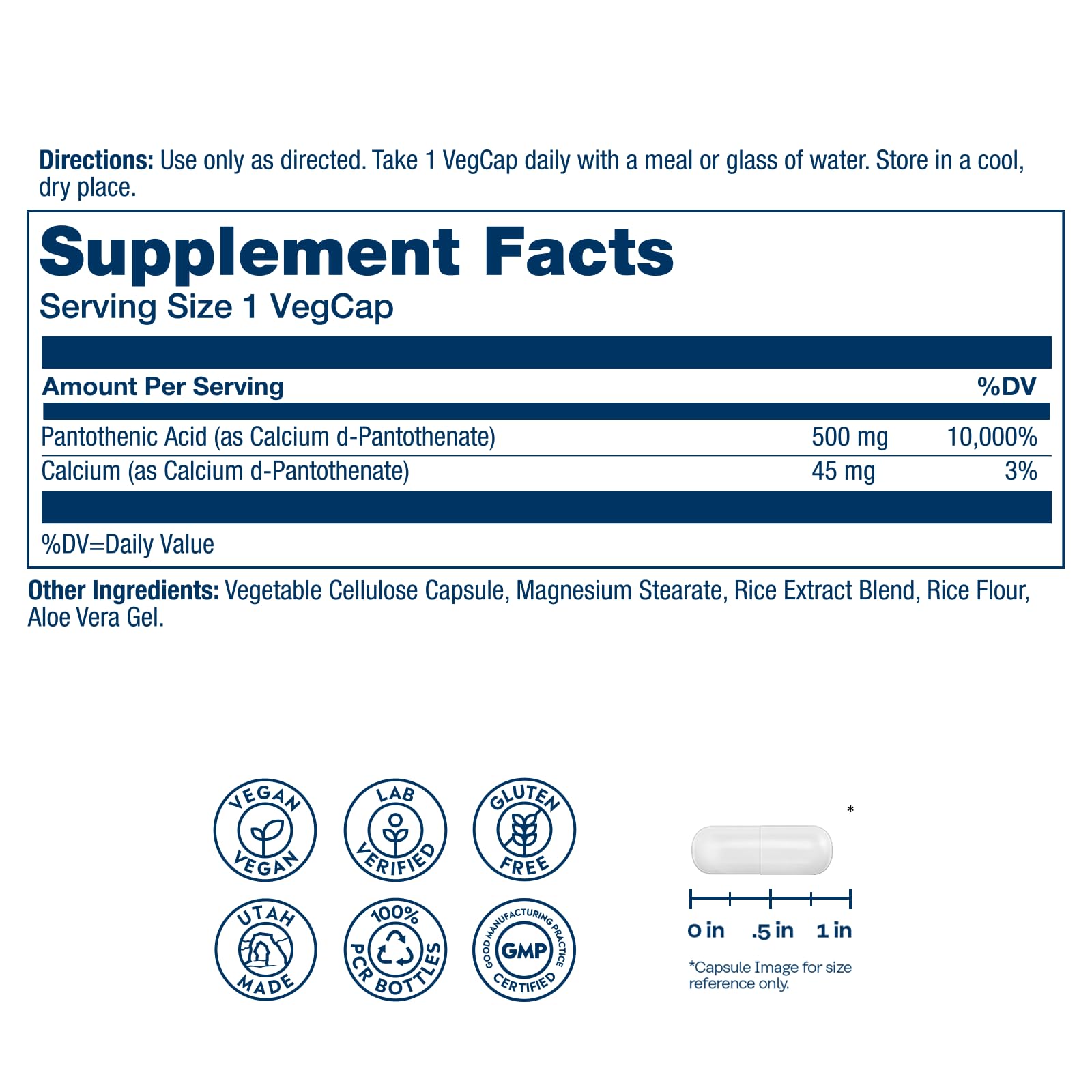 SOLARAY ácido pantoténico 500 mg en botella para dosificación diaria