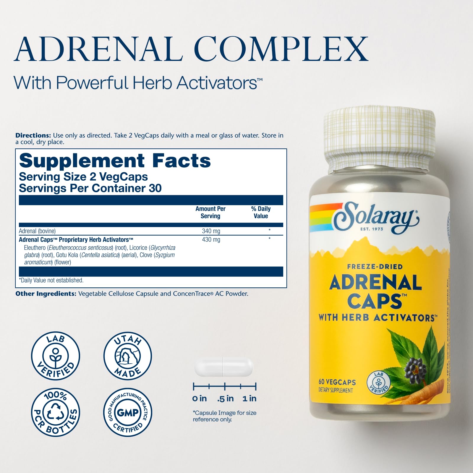 SOLARAY Adrenal Caps: etiqueta frontal que destaca ingredientes herbales