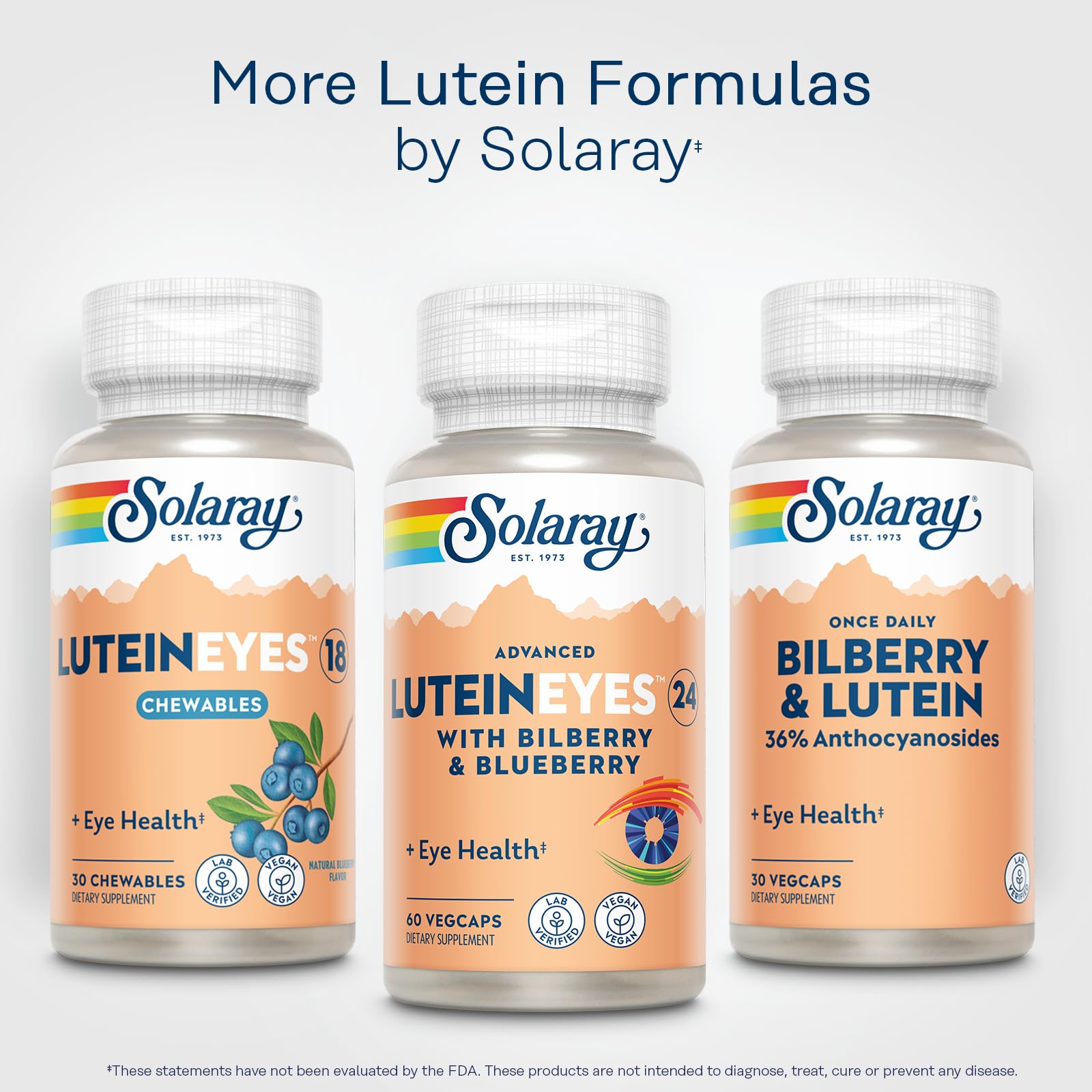 SOLARAY Advanced Lutein Eyes 24 mg, etiqueta clara y branding de calidad.