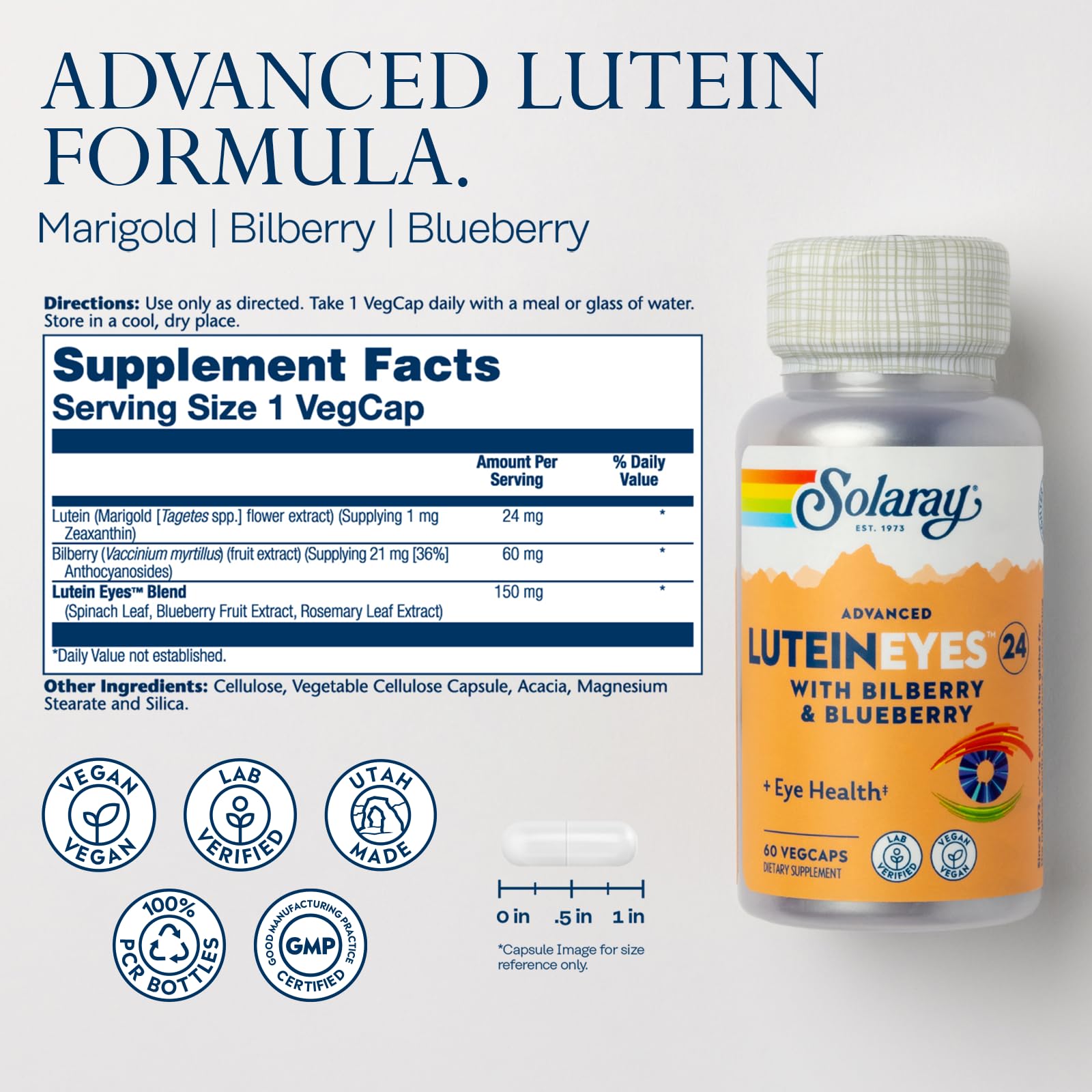 SOLARAY Advanced Lutein Eyes 24 mg, ingredientes clave y beneficios visuales posibles.