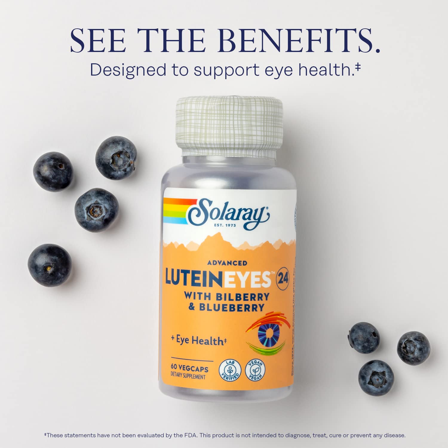 SOLARAY Advanced Lutein Eyes 24 mg, uso diario en VegCaps para facilidad.