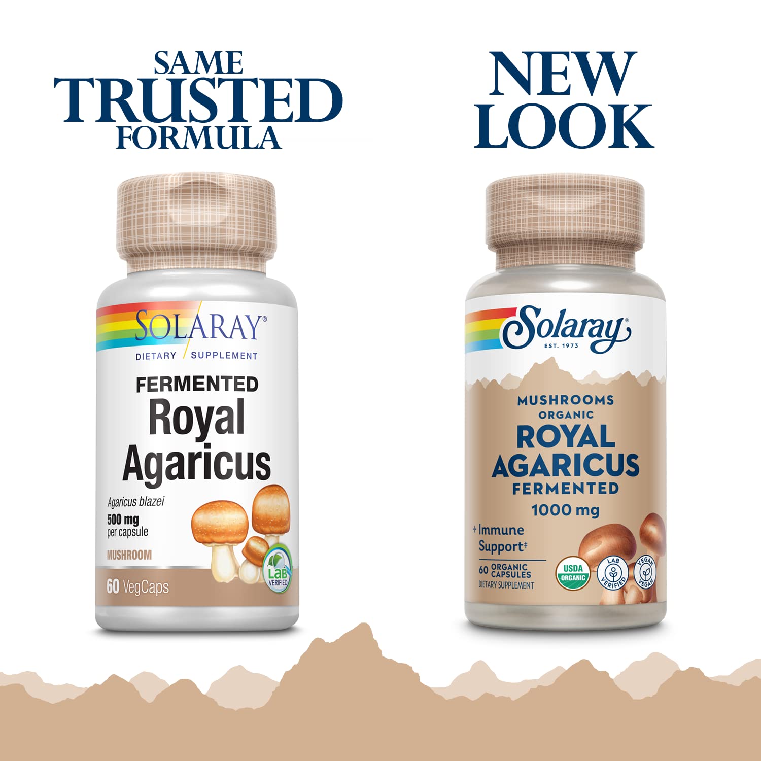 Cápsulas SOLARAY Agaricus Blazei fermentado dentro de un frasco para consumo diario