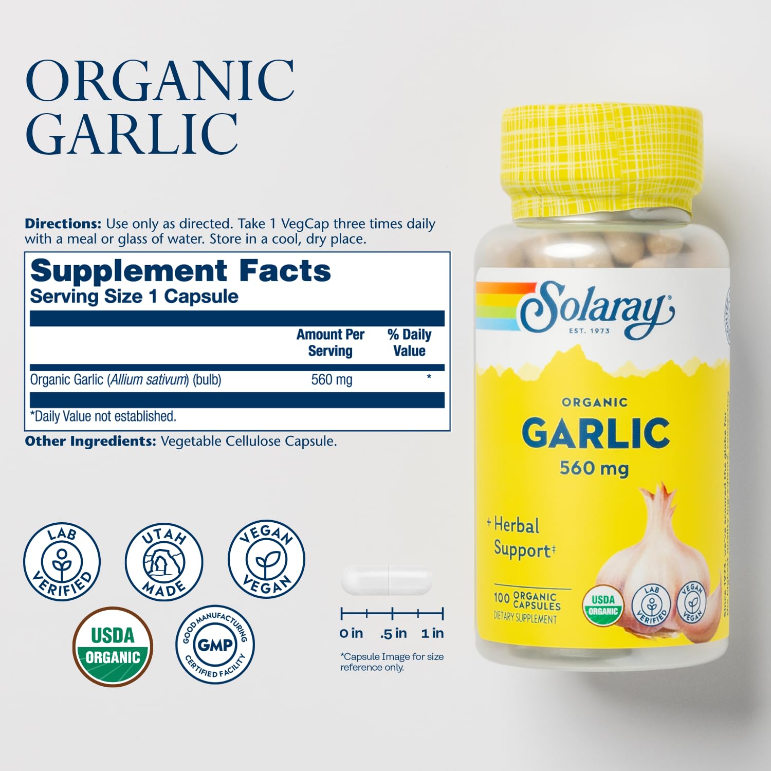 SOLARAY cápsulas de ajo veganas para un estilo de vida saludable.