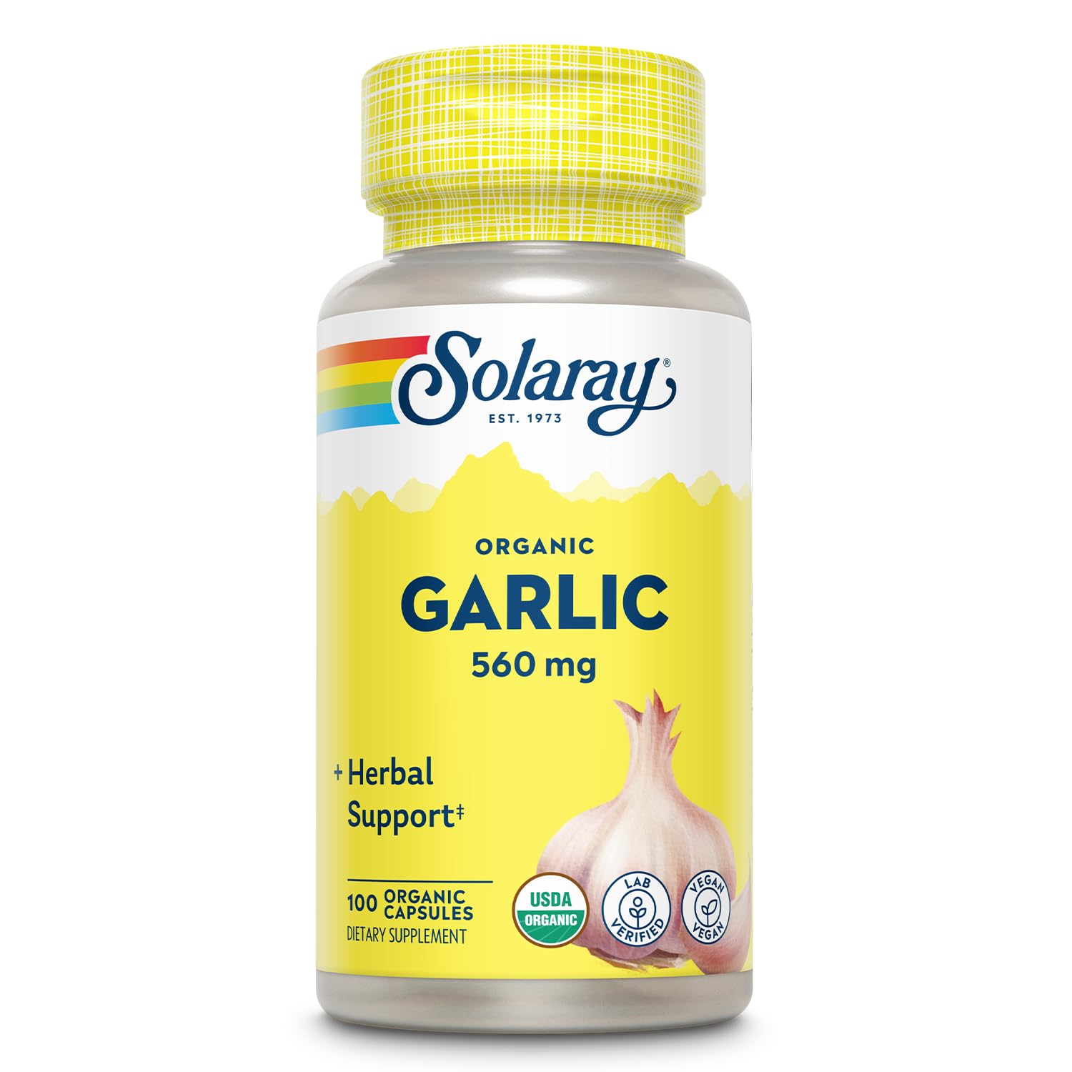 SOLARAY ajo orgánico en cápsulas: apoyo al bienestar cardiovascular.