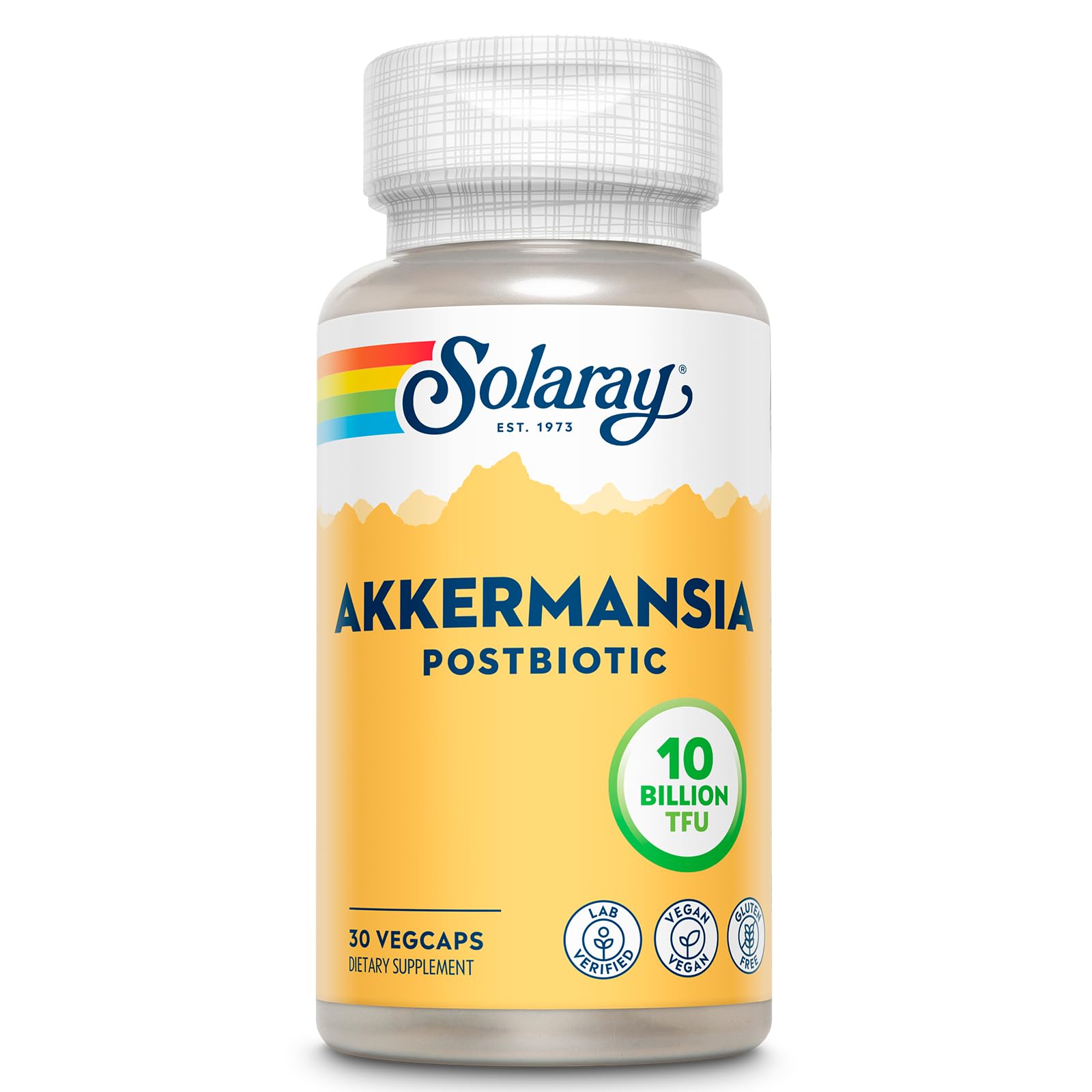 SOLARAY Akkermansia Postbiotic — botella para soporte intestinal diario.