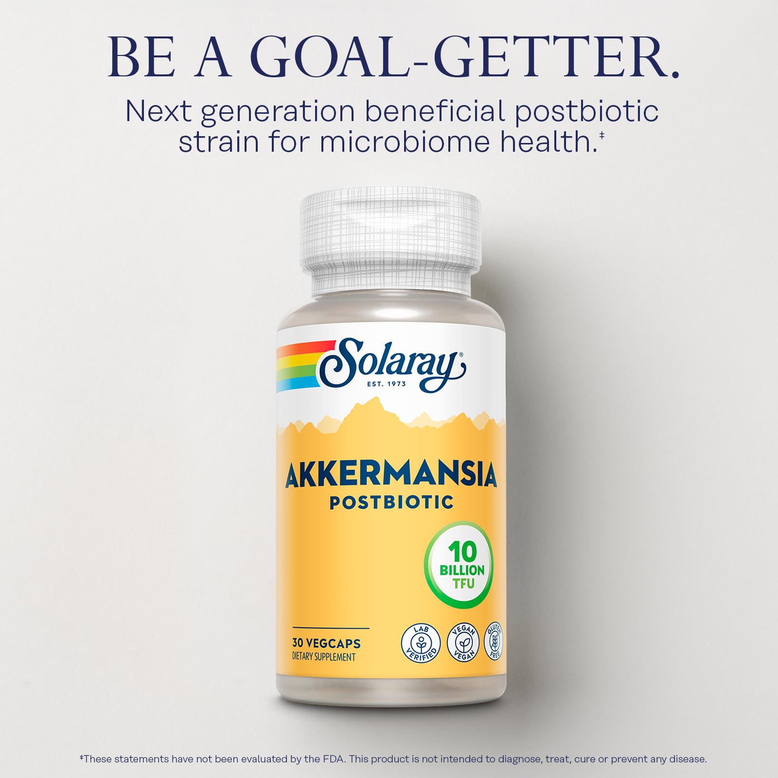 SOLARAY Akkermansia Postbiotic — etiqueta que describe ingredientes y usos.