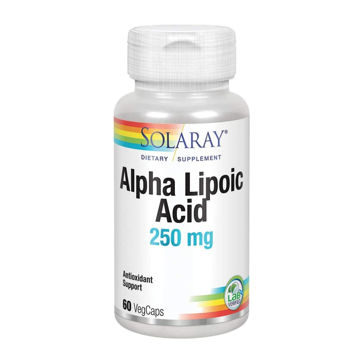 SOLARAY alfa-lipoico 250 mg, cápsulas en botella, posible apoyo antioxidante